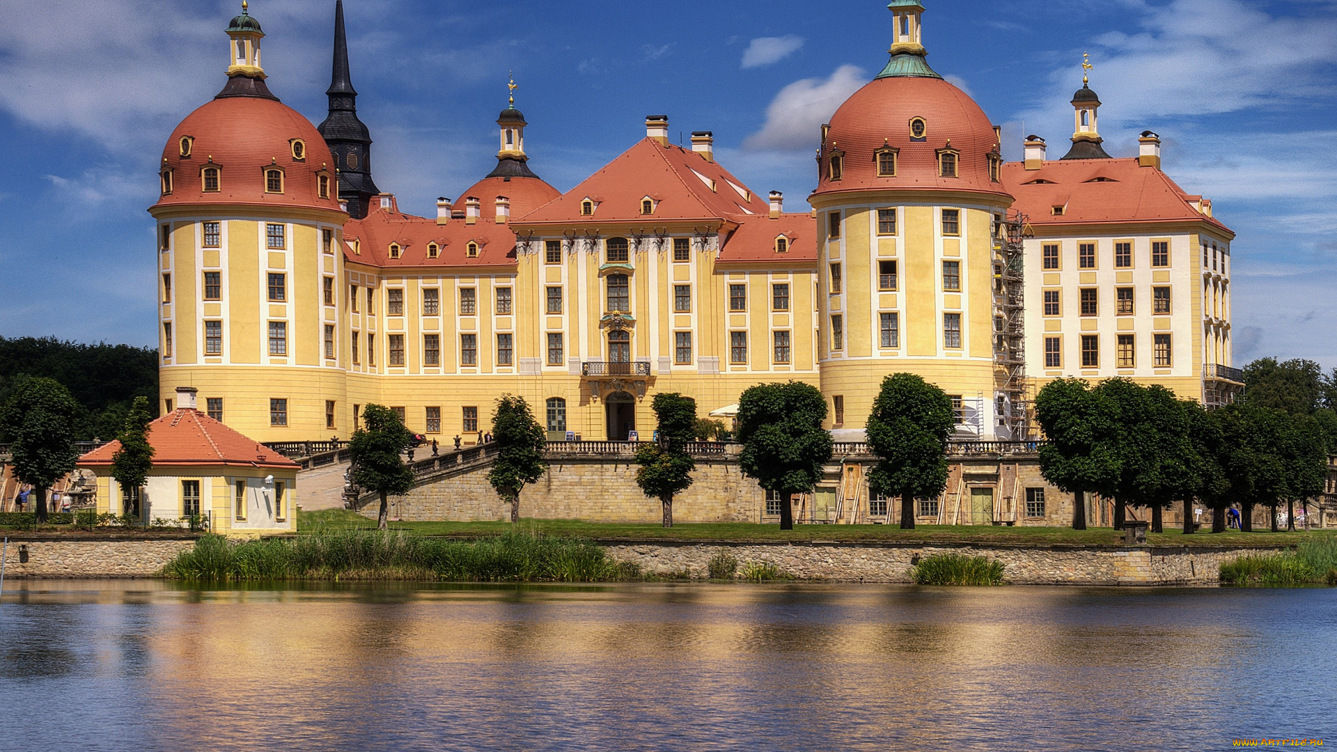 замок, морицбург, саксония, германия, города, дворцы, замки, крепости, деревья, шпили, окна, вода