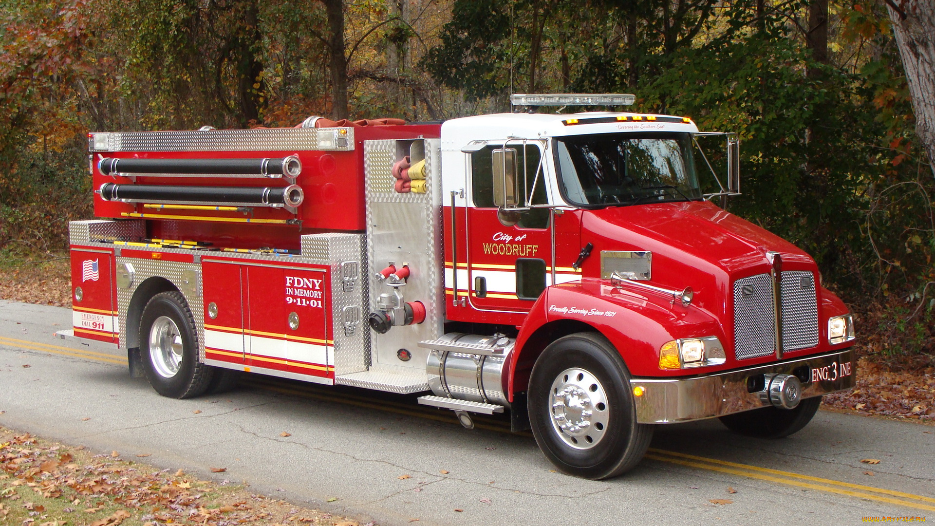 автомобили, пожарные, машины, kenworth, красный, колеса, дорога