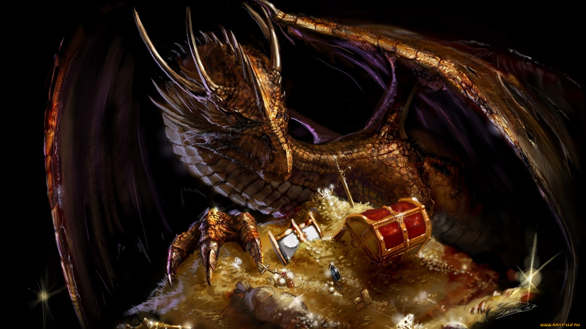 фэнтези, драконы, золото, сокровища, сундук