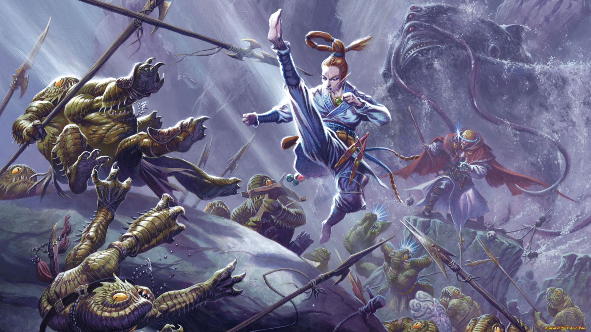 фэнтези, красавицы, чудовища, эльфийка, монстры, битва, сражение, девушка