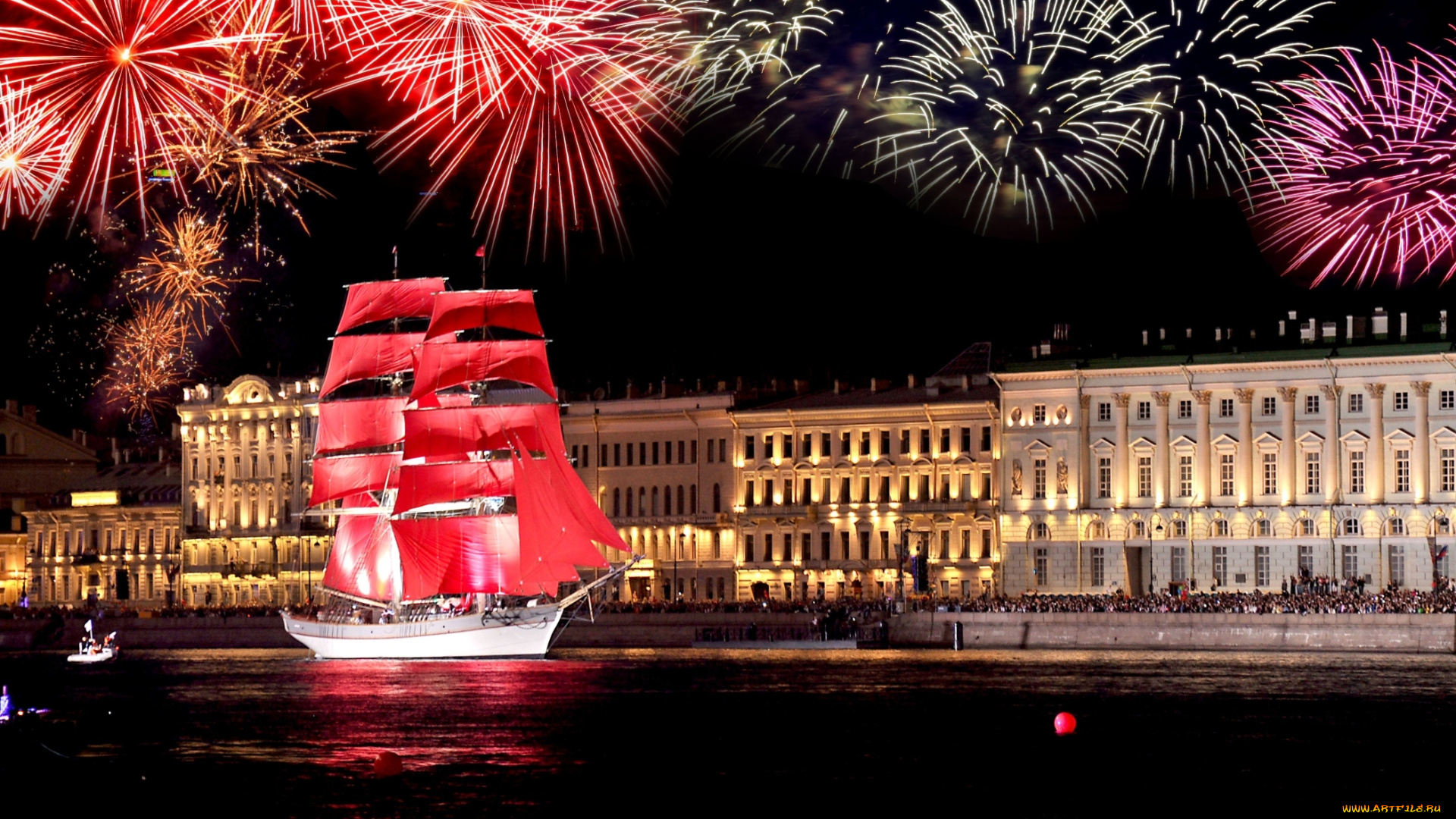 корабли, парусники, салют, набережная, алые, паруса, санкт-петербург