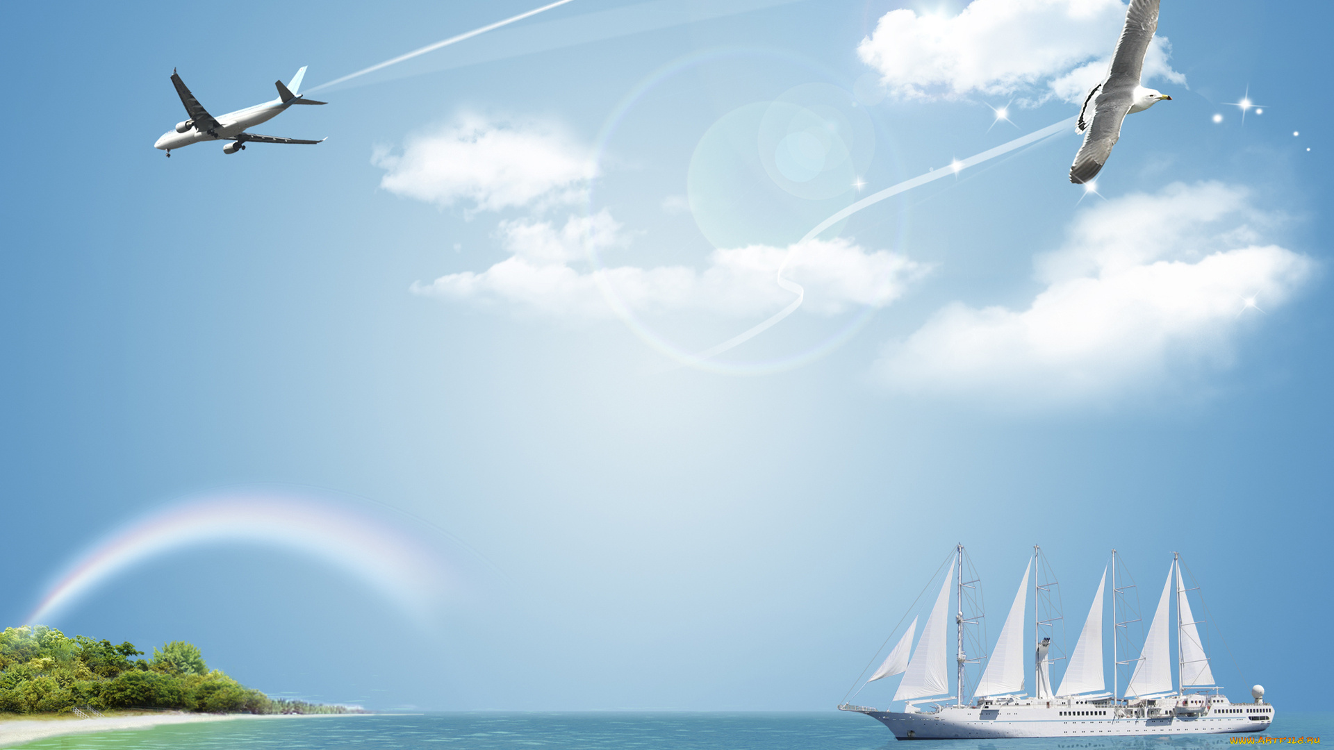 разное, компьютерный, дизайн, парусник, самолёт, чайка, море