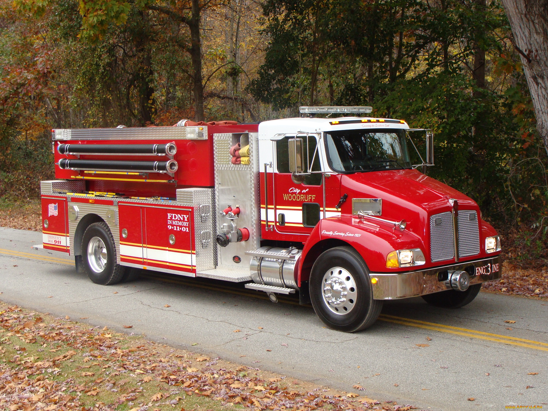 автомобили, пожарные, машины, kenworth, красный, колеса, дорога