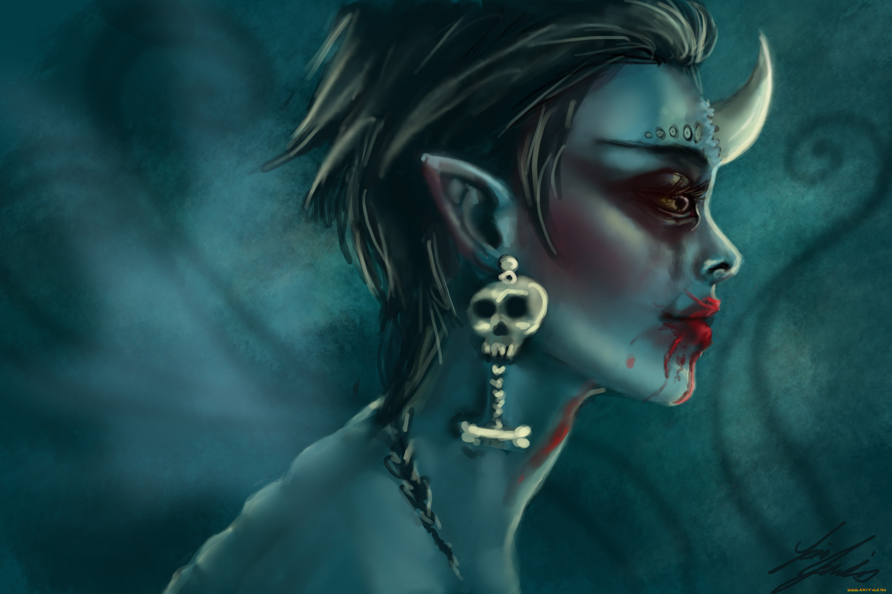 фэнтези, существа, рог, серьга, череп, монстр, кровь