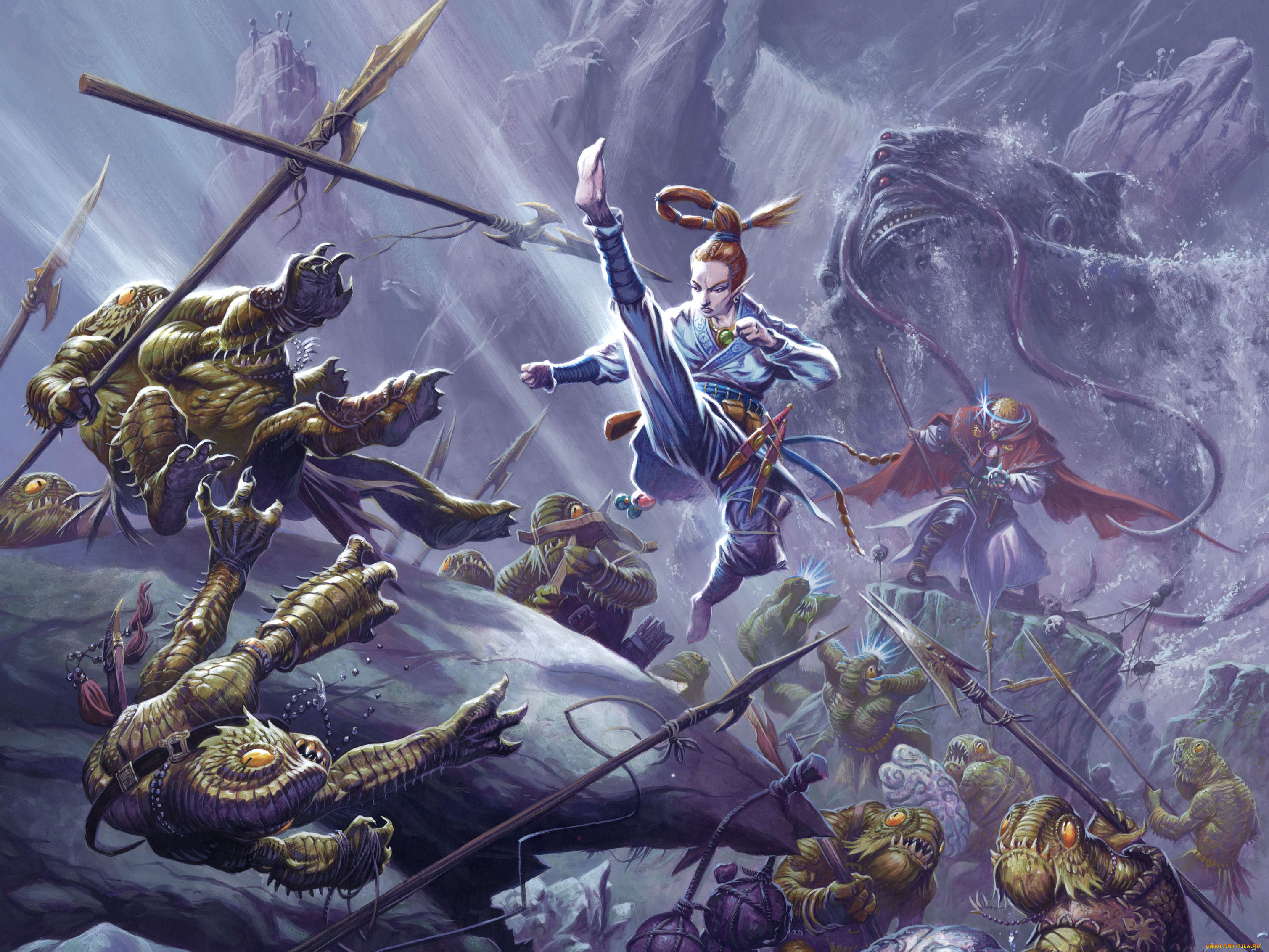 фэнтези, красавицы, чудовища, эльфийка, монстры, битва, сражение, девушка