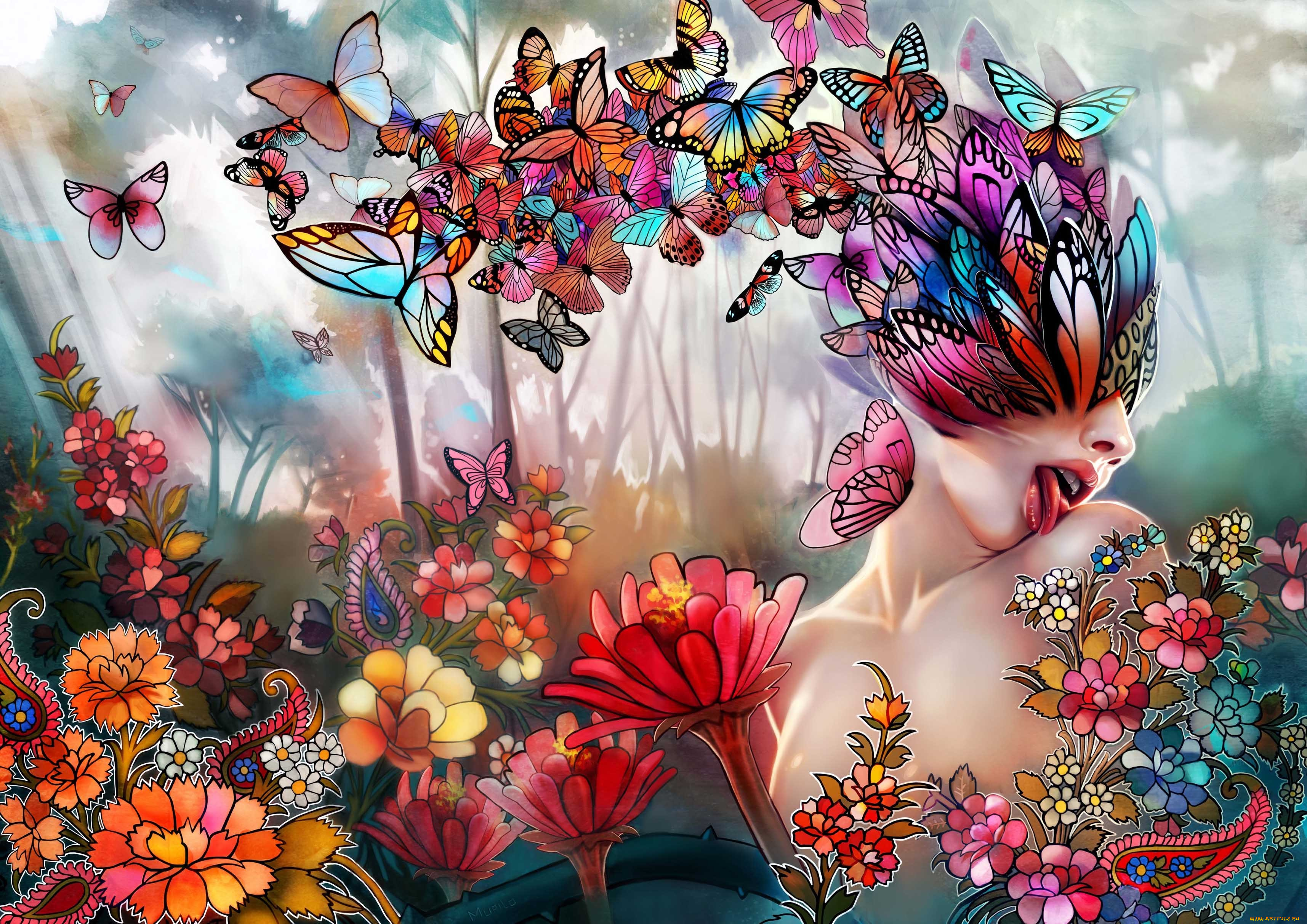 разное, компьютерный, дизайн, девушка, цветы, бабочки