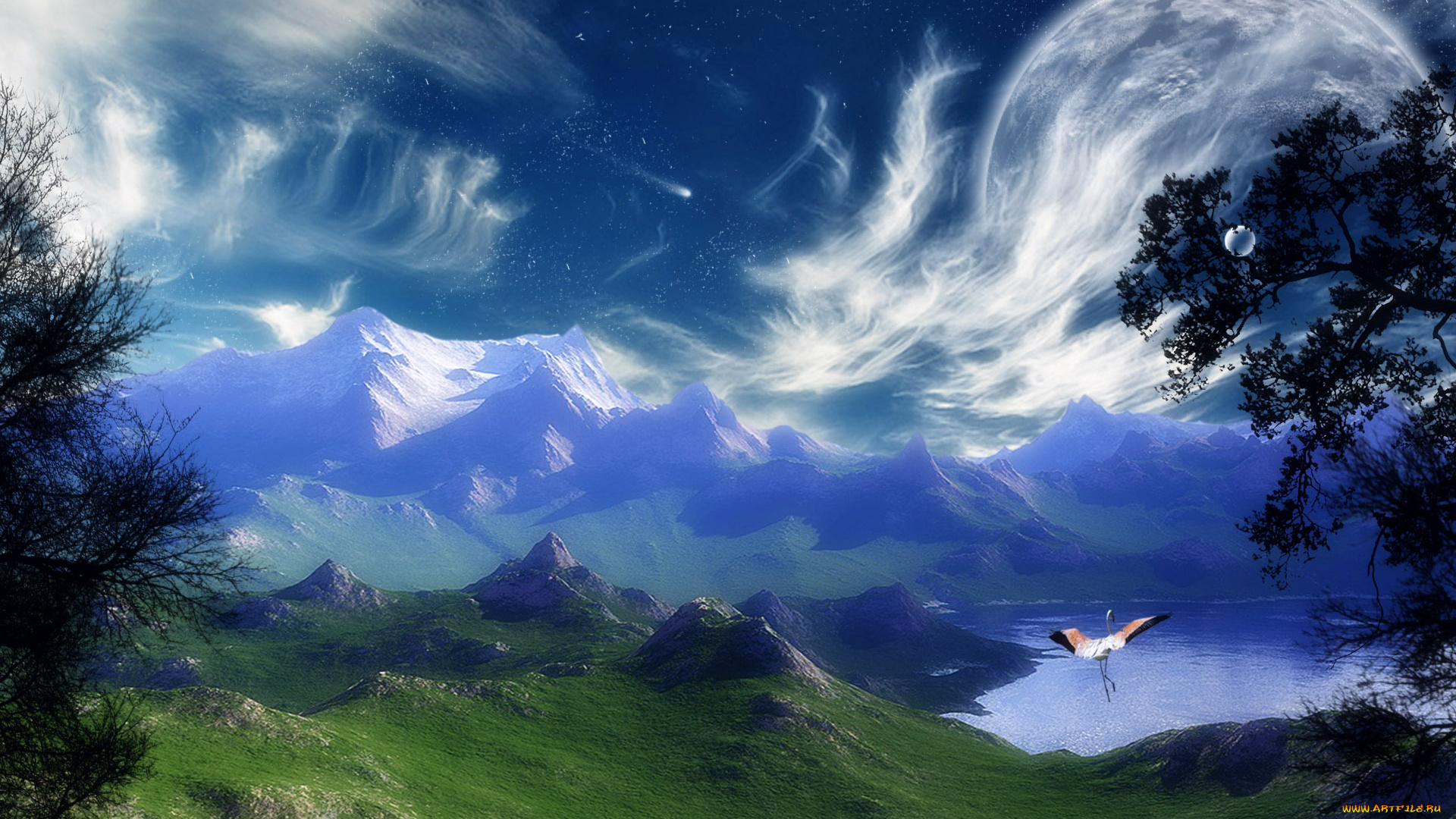 3д, графика, atmosphere, mood, атмосфера, настроения, облака, горы, море, фламинго, планета