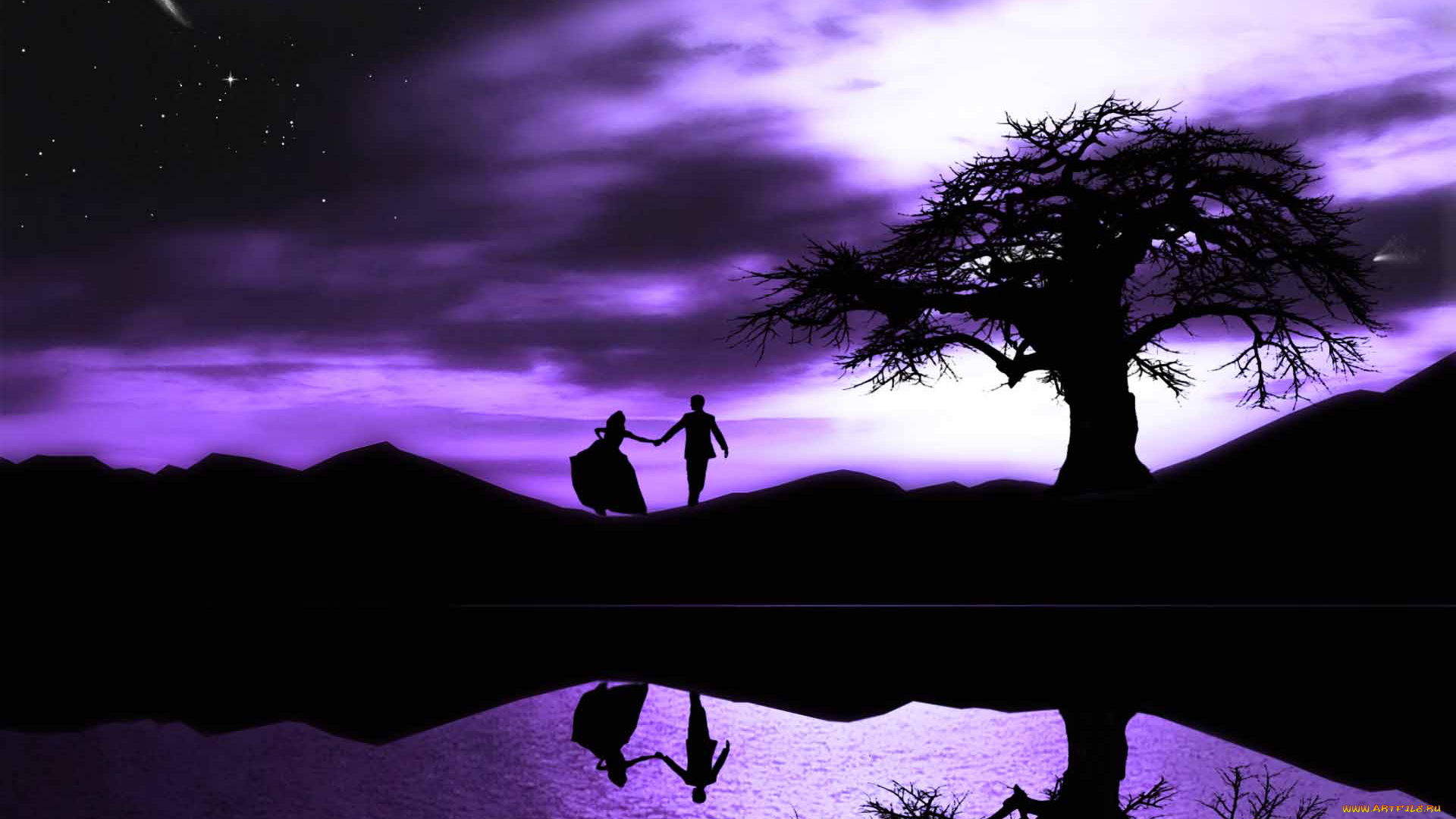 3д, графика, atmosphere, mood, атмосфера, настроения, фигуры, ночь, дерево, небо, звезды