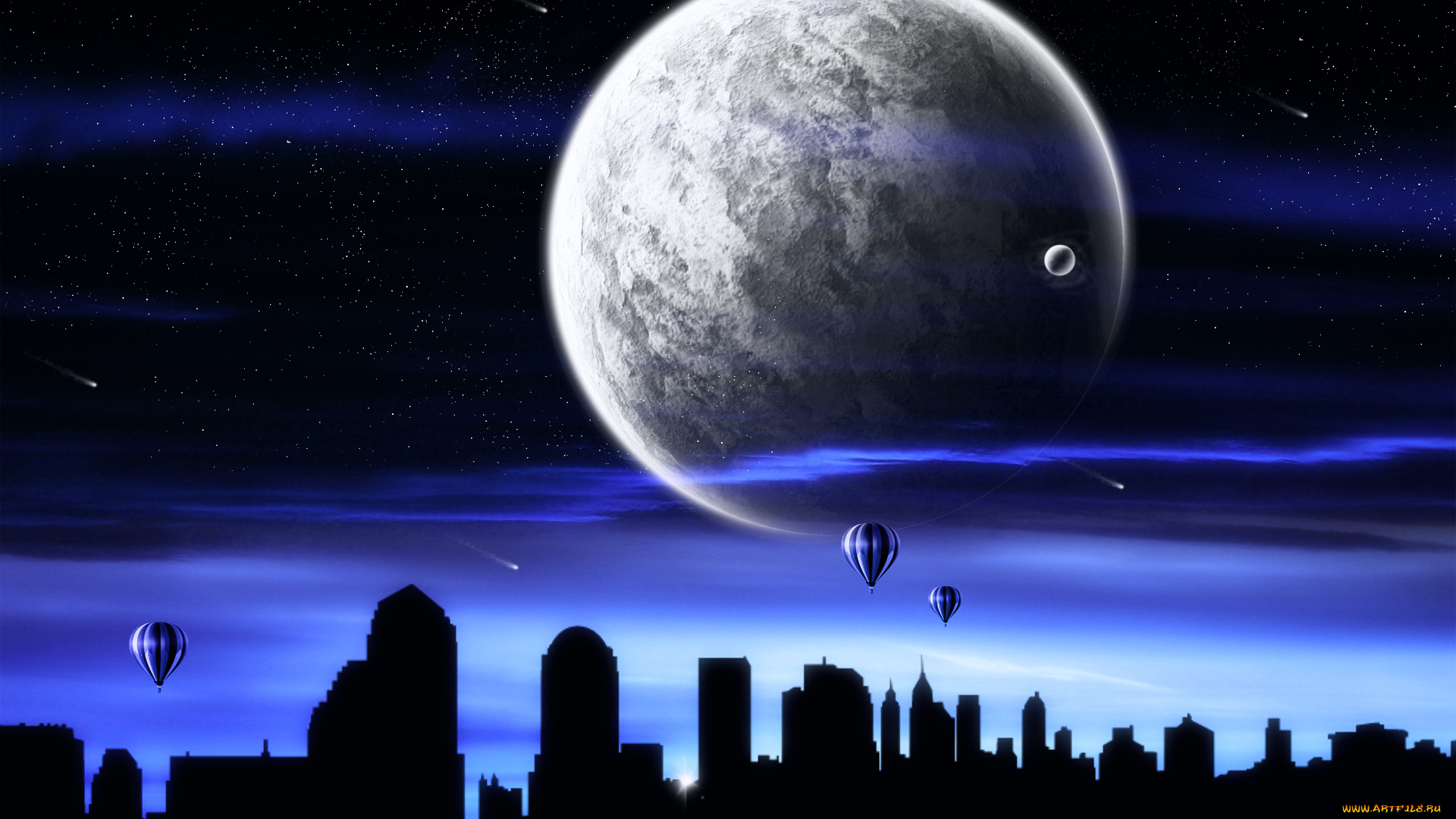 3д, графика, atmosphere, mood, атмосфера, настроения, звезды, небо, город, шары, планета, ночь