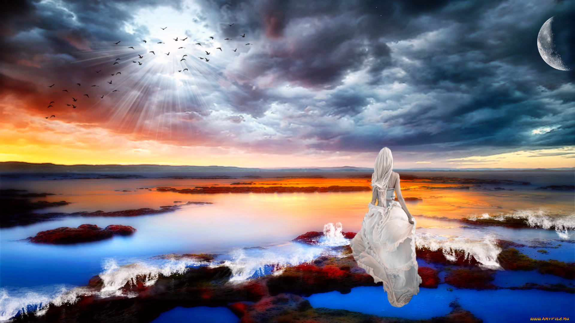 3д, графика, atmosphere, mood, атмосфера, настроения, птицы, планеты, девушка, берег, камни, океан, тучи, свет