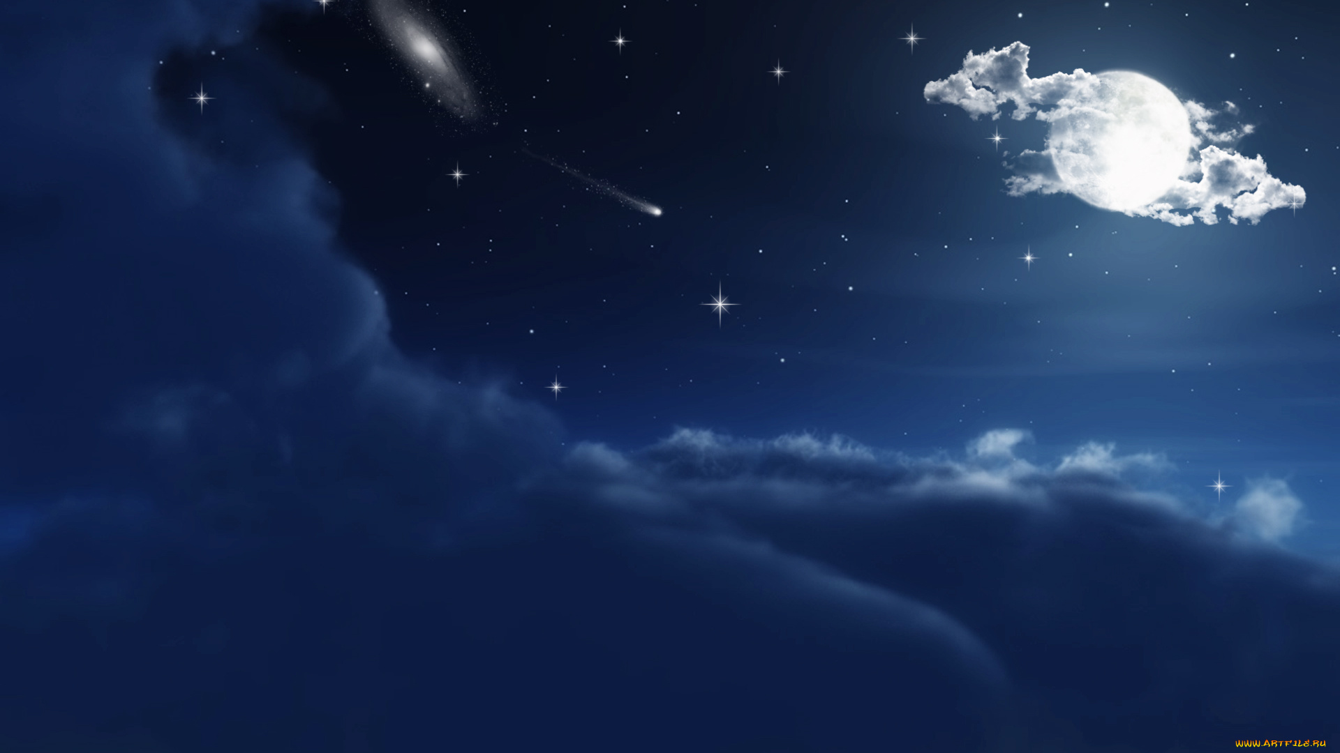 3д, графика, atmosphere, mood, атмосфера, настроения, небо, галактика, облака, луна, звезды