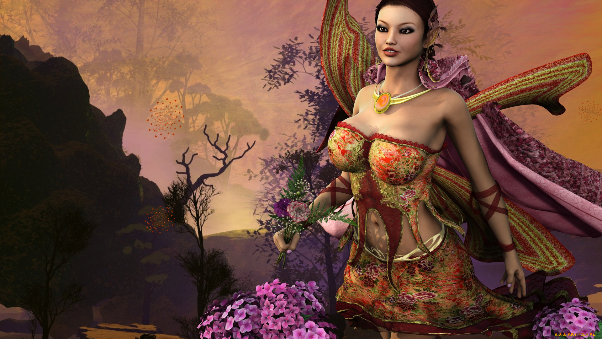 3д, графика, elves, эльфы, цветы, эльфийка