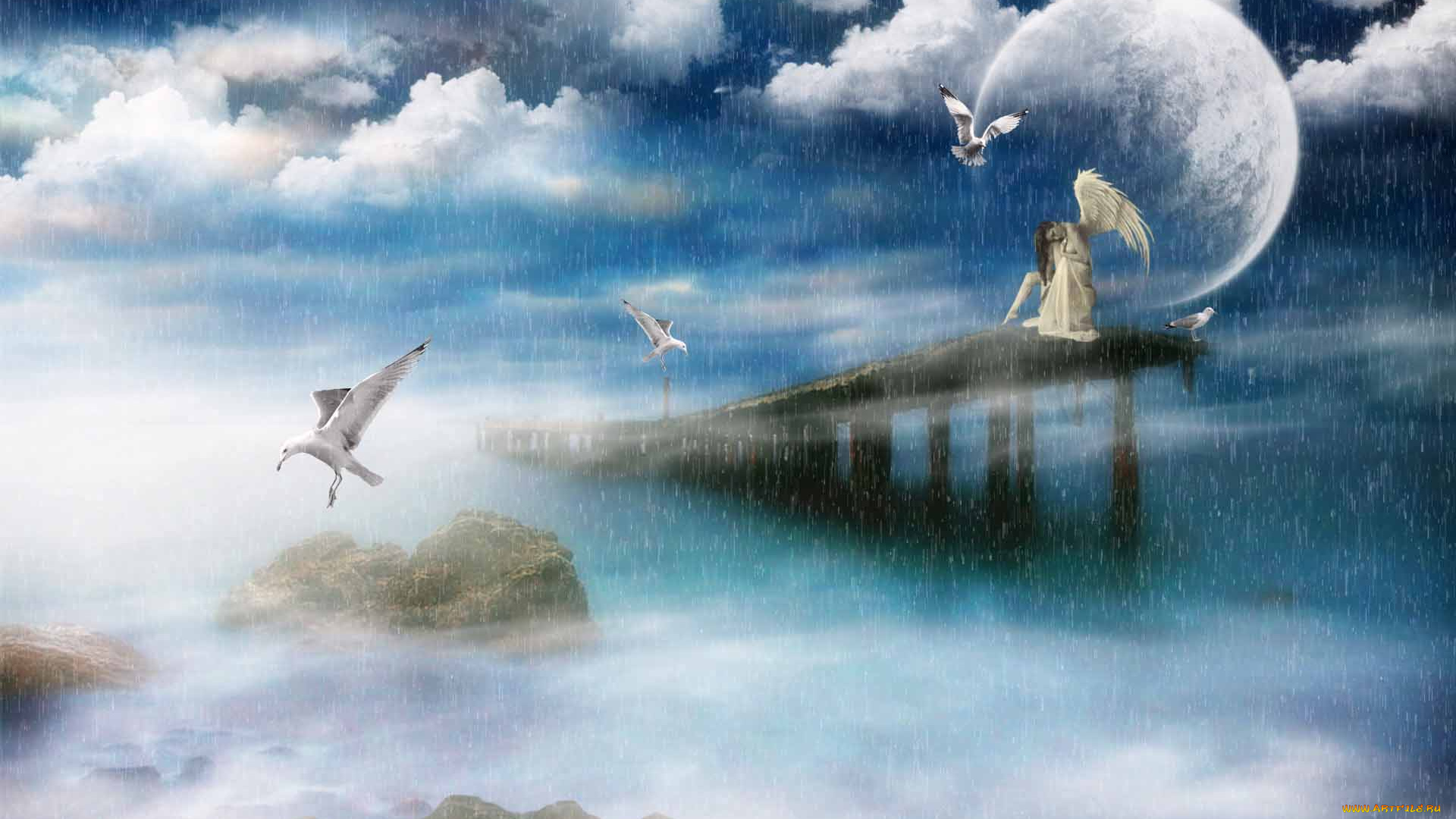 3д, графика, fantasy, фантазия, птицы, дождь, ангел, мост, море