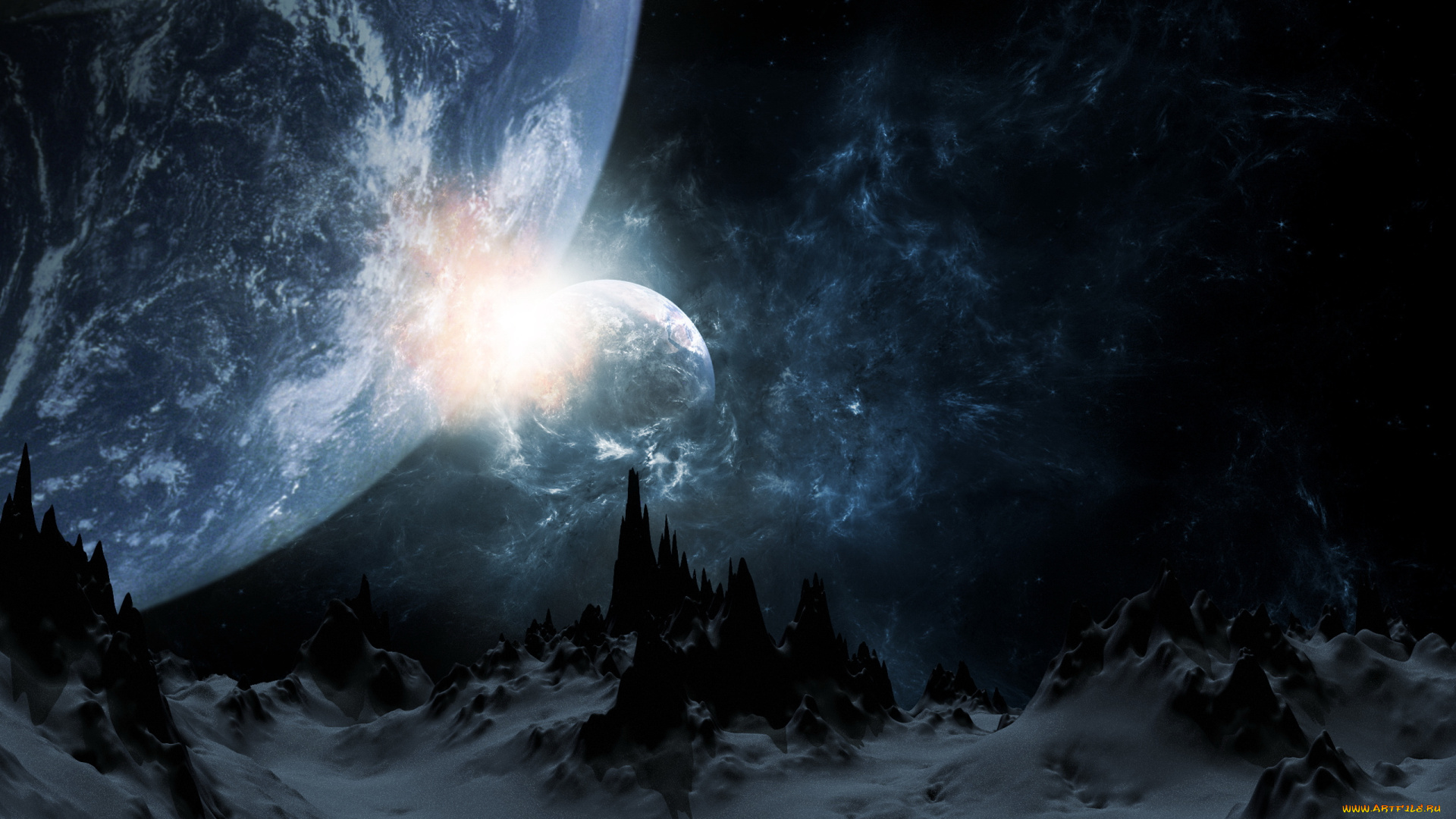 3д, графика, fantasy, фантазия, скалы, снег, спутники