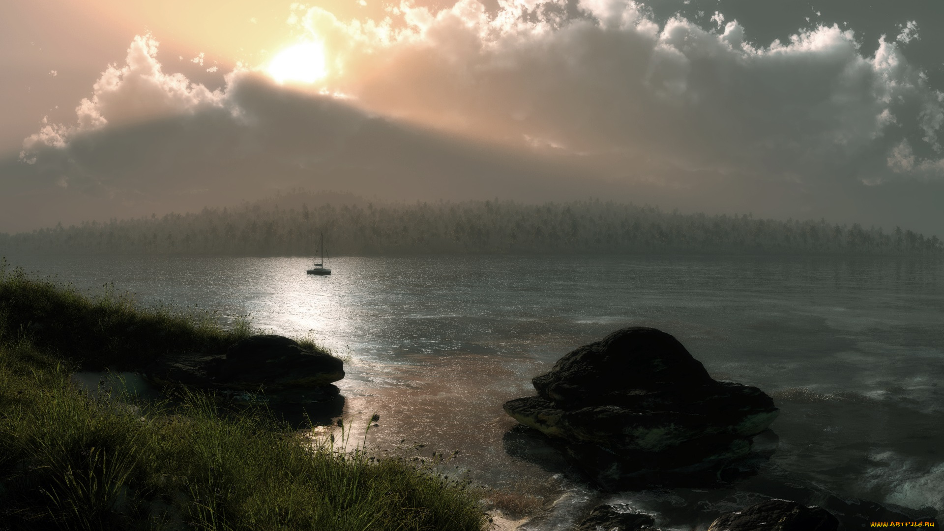 3д, графика, nature, landscape, природа, облака, яхта, озеро