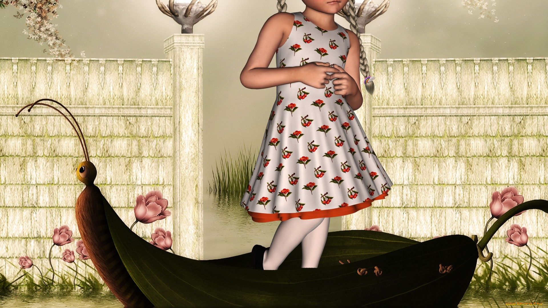 3д, графика, people, люди, цветы, бабочка, девушка, лодка, вода
