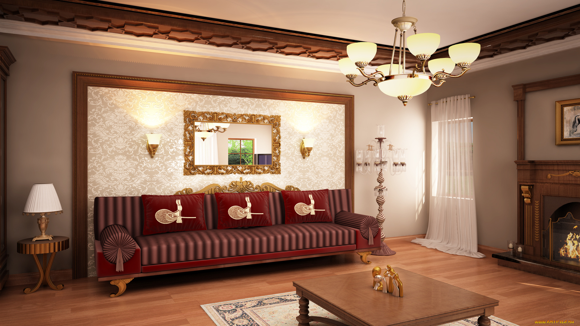 3д, графика, realism, реализм, камин, светильники, диваны, комната
