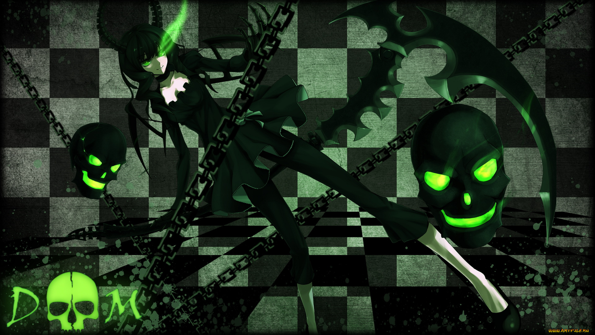 аниме, black, rock, shooter, цепи, череп