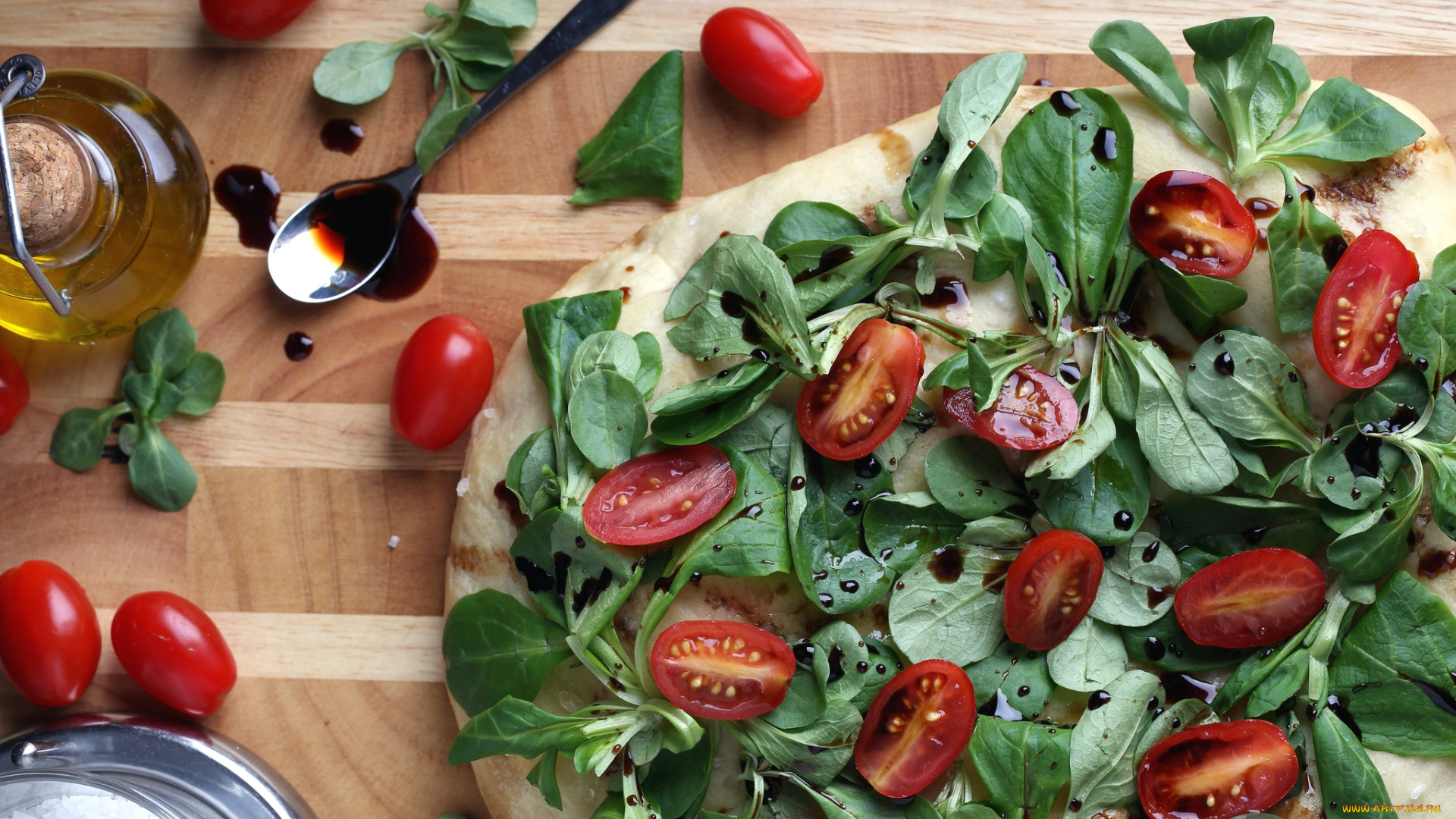 еда, пицца, помидоры, чери, базилик, бальзамический, уксус