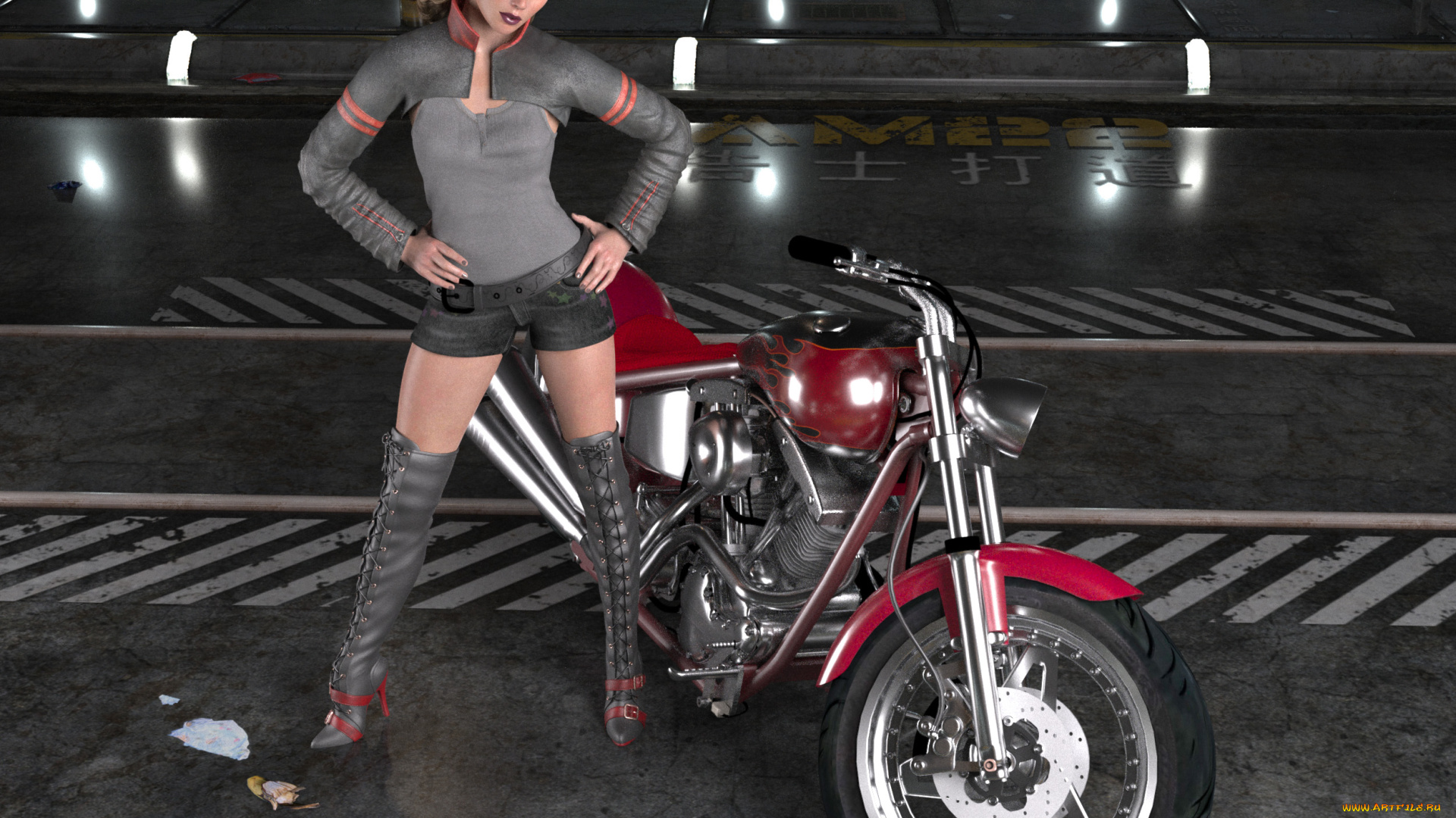 мотоциклы, 3d, девушка, мотоцикл