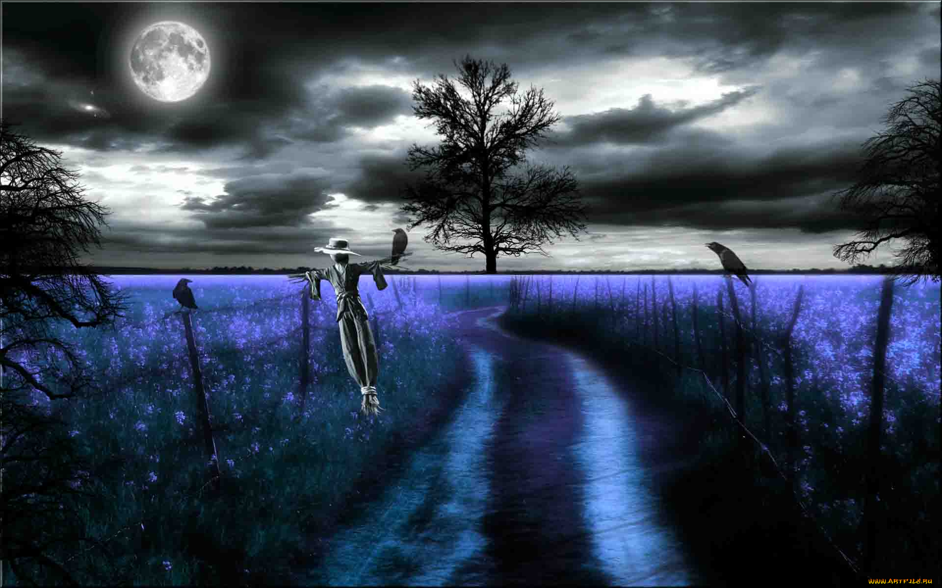 3д, графика, atmosphere, mood, атмосфера, настроения, тучи, планета, ночь, поле, дорога, изгородь, пугало