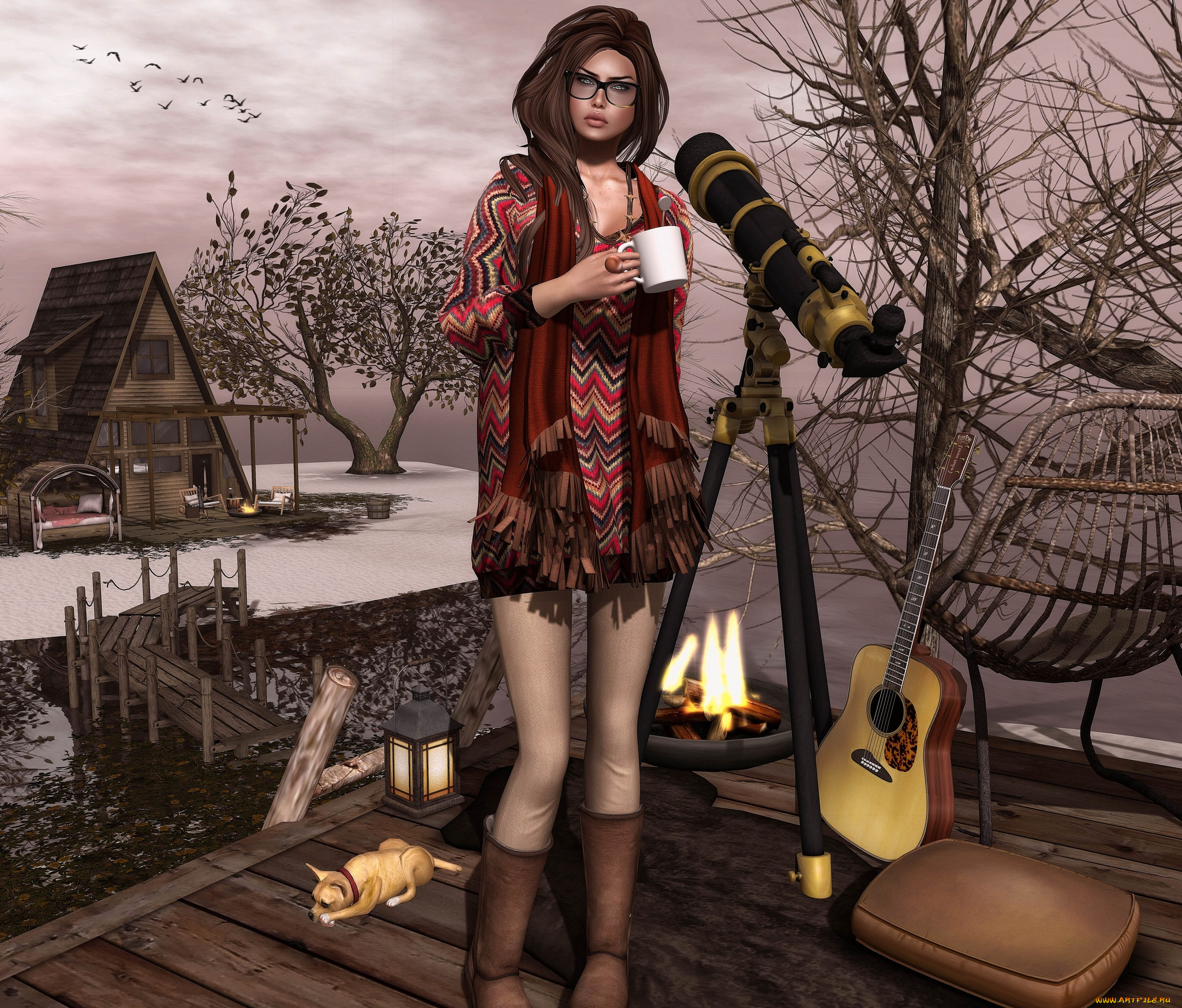 3д, графика, people, люди, гитара, телескоп, собака, чашка, девушка
