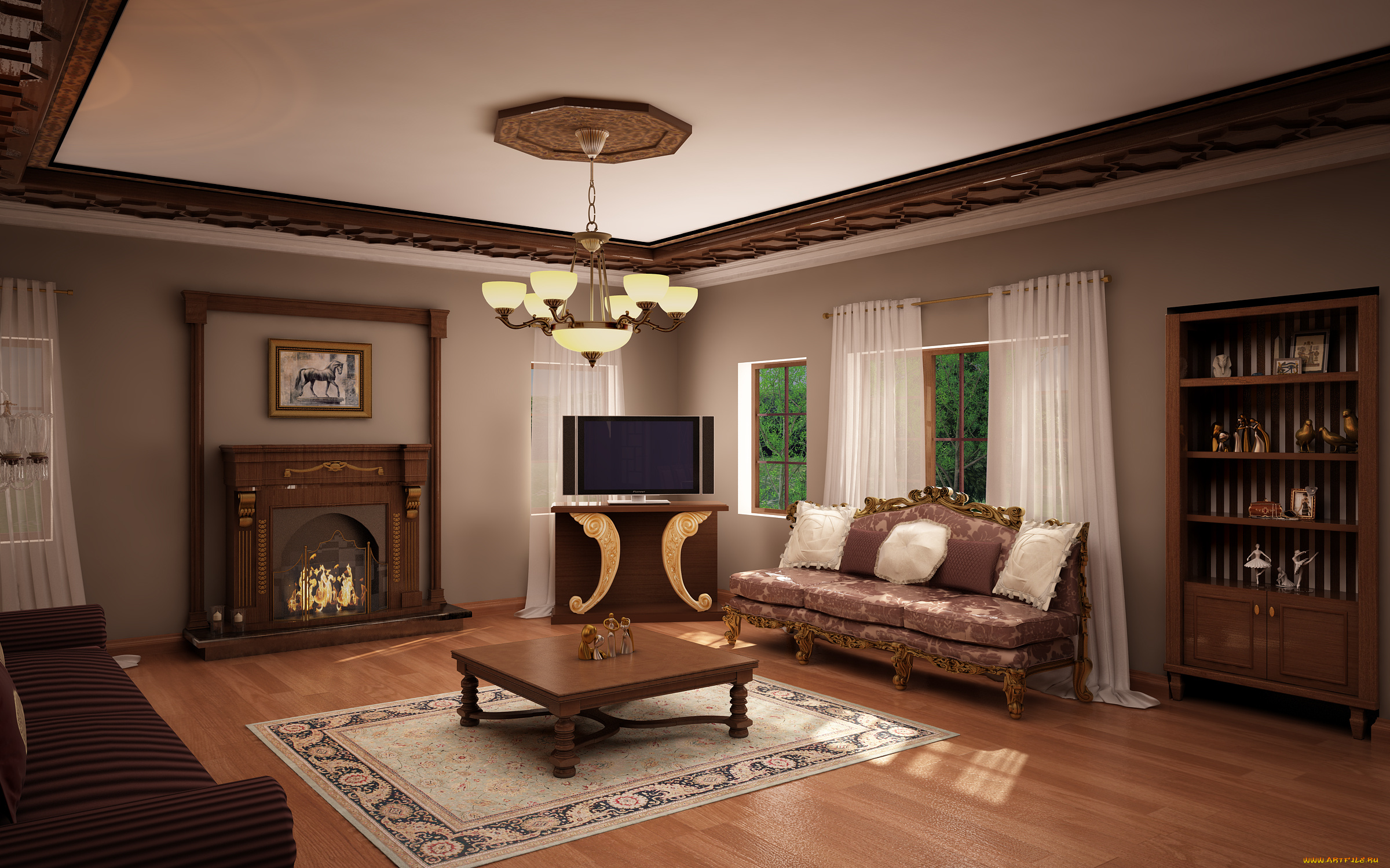 3д, графика, realism, реализм, диваны, комната, камин, светильники