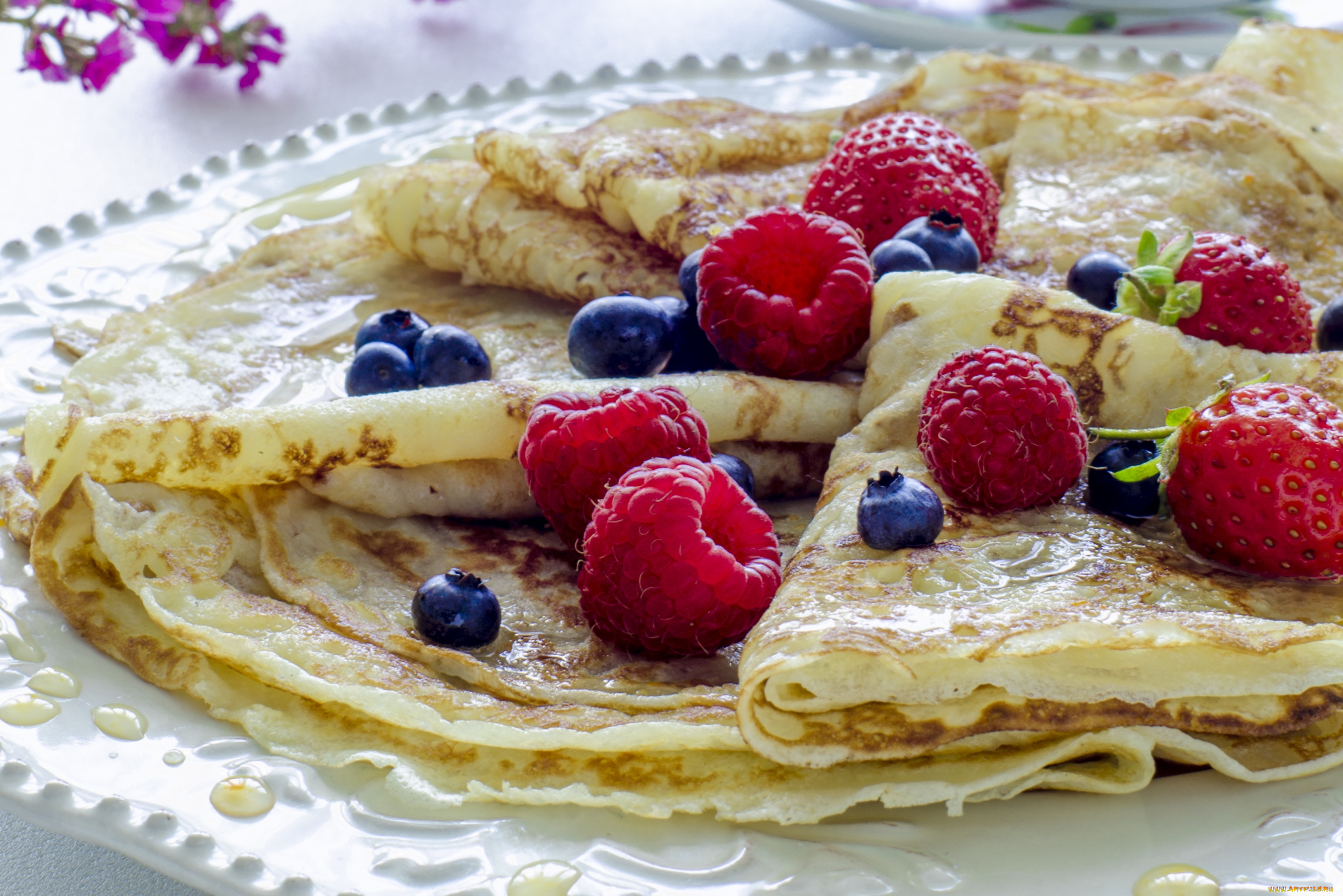 еда, блины, оладьи, голубика, малина, блинчики