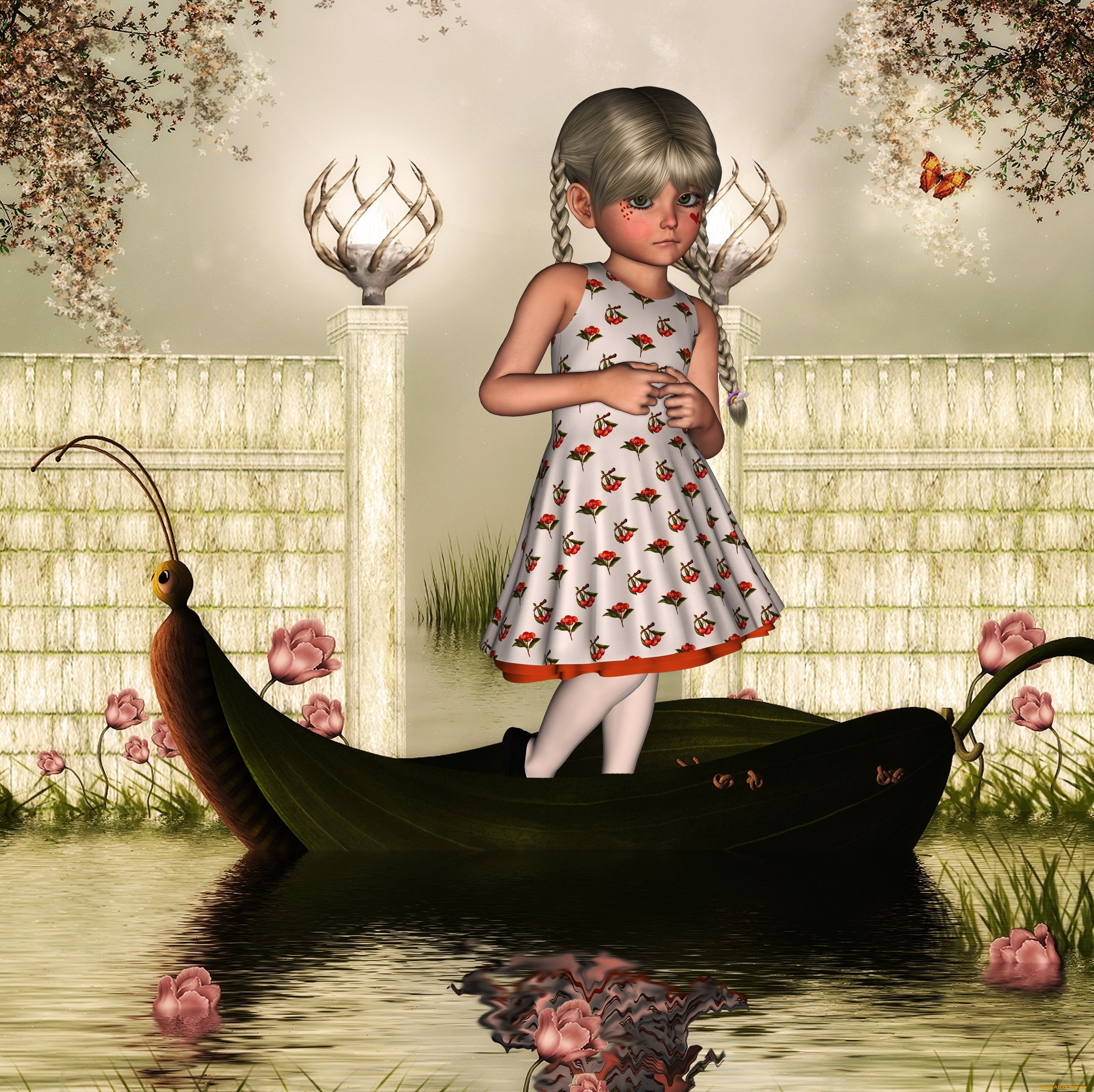 3д, графика, people, люди, цветы, бабочка, девушка, лодка, вода