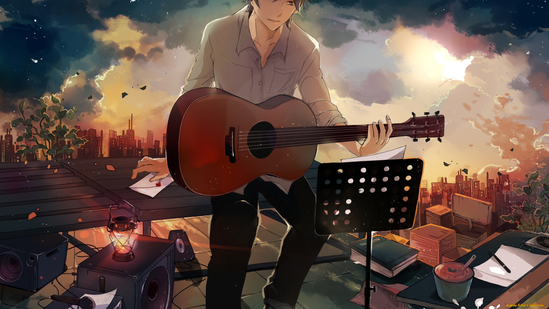 аниме, -headphones, &, instrumental, арт, lvycqt, nico, singer, гитара, парень, письмо, закат, небо, облака, город, дома