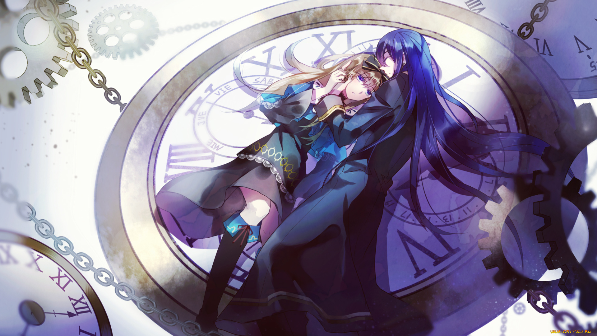аниме, alice, in, wonderland, цепи, шестеренки, парень, девушка, часы, бант