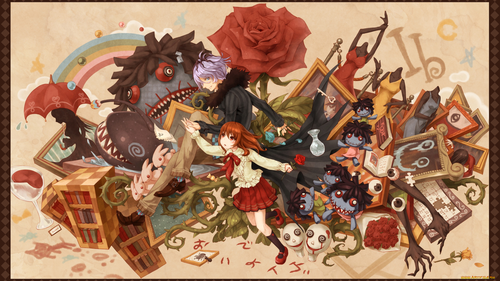 аниме, ib, парень, роза, монстры, персонажи, девушка, рамки, картины, garry, eve