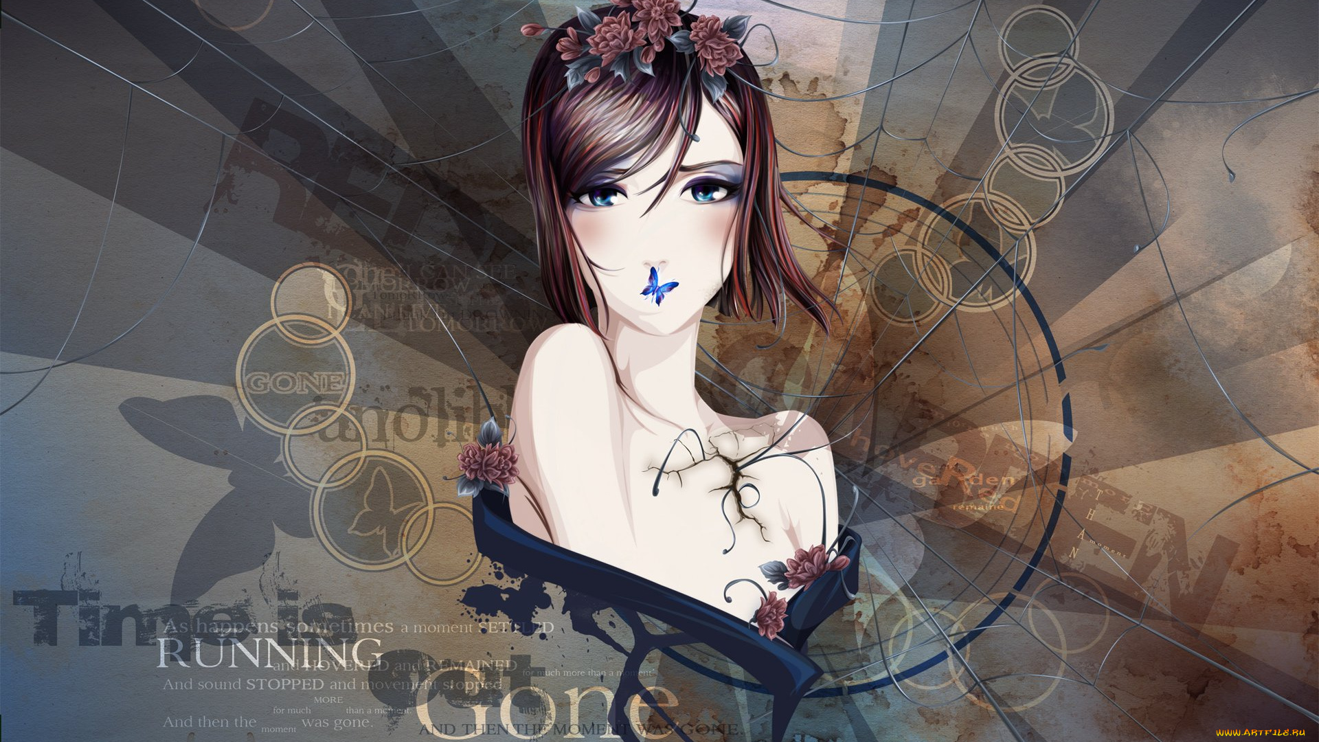 аниме, red, garden, трещина, бабочка, цветы, девушка, kate, ashley