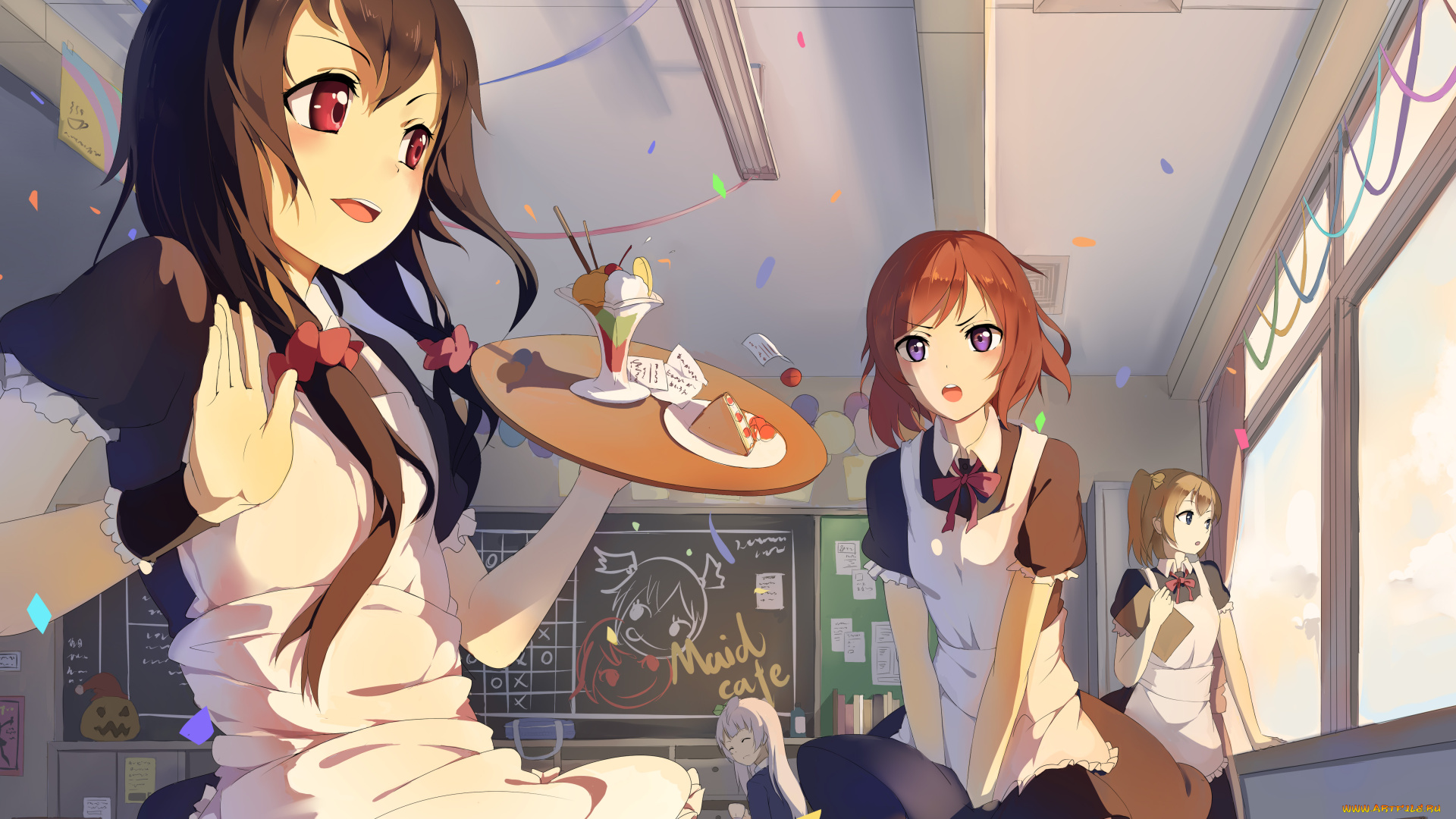 аниме, *unknown, , другое, еда, поднос, доска, окно, фестиваль, школа, кафе, горничные, девушки, love, live, school, idol, project