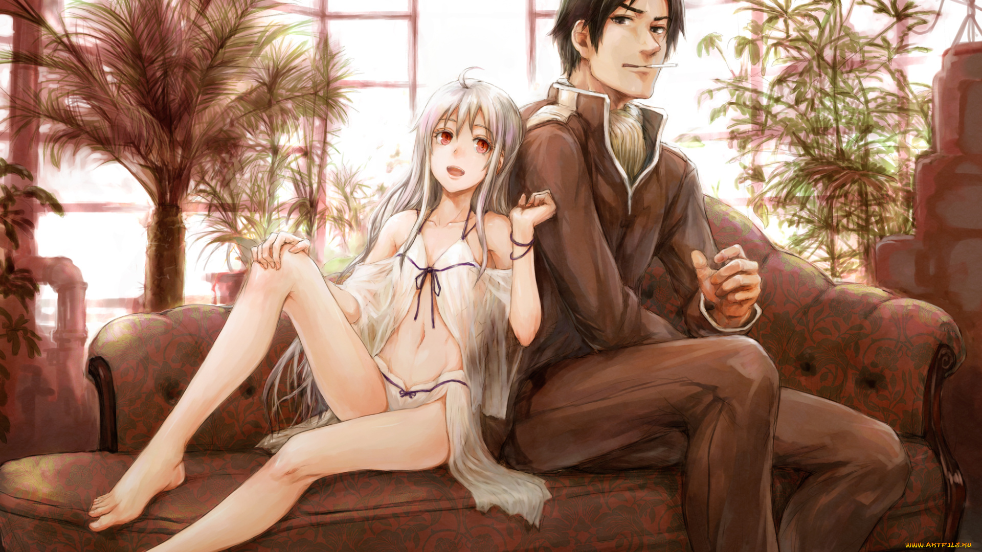 аниме, *unknown, , другое, комната, растение, диван, арт, мужчина, девушка