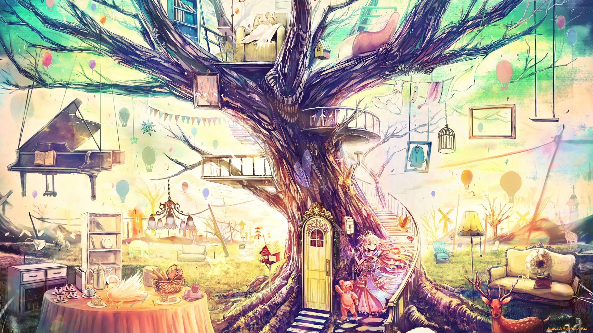аниме, *unknown, , другое, медведь, девушка, картины, балкон, природа, граммофон, кресло, диван, одежда, олень, дерево, лестница, лампа, клетка, столы, посуда, фортепиано, шарики