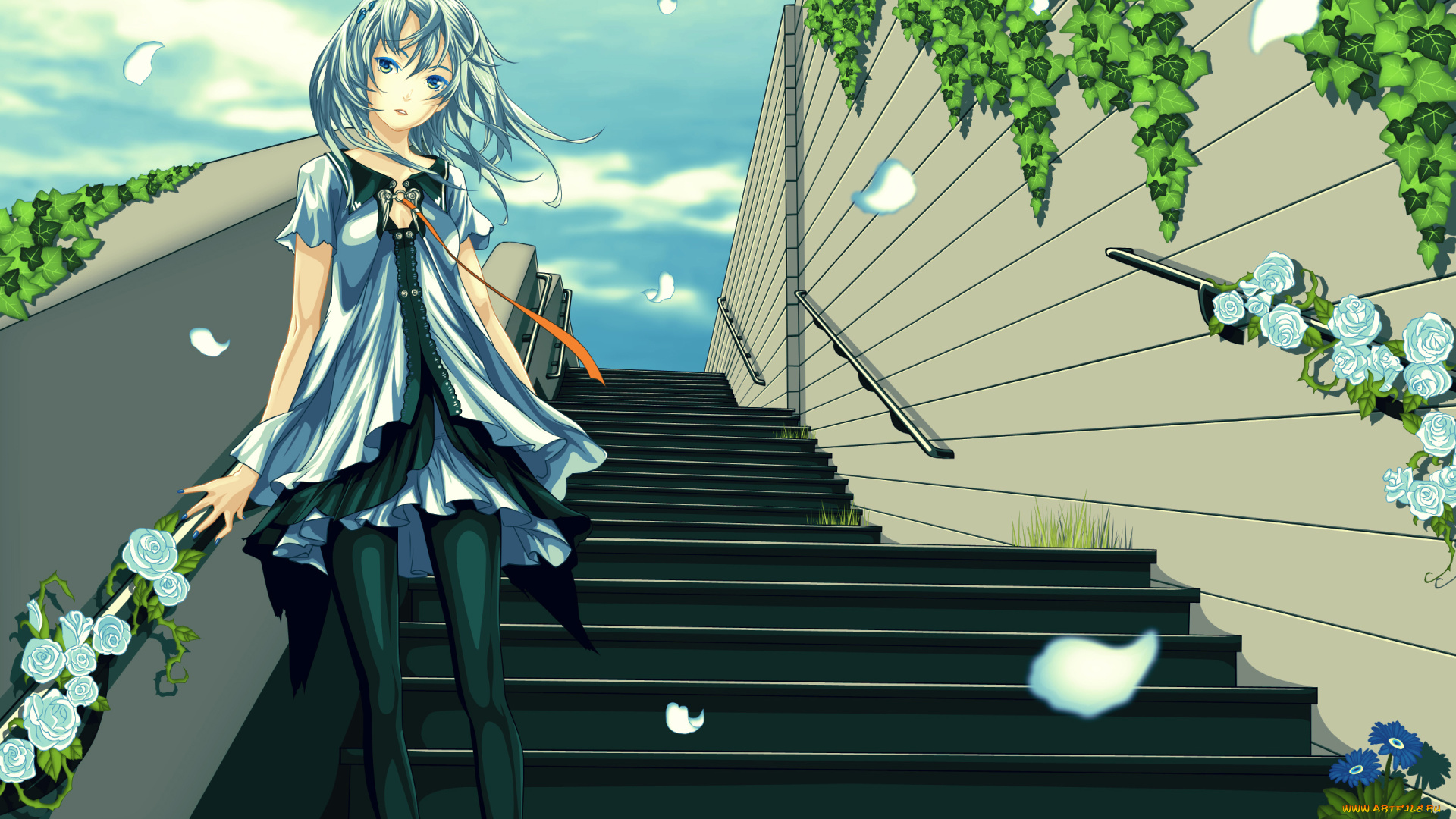 by, cilou, аниме, beatless, небо, зелень, лепестки, ветер, девушка, lacia, цветы, лестница, облака, розы, redjuice