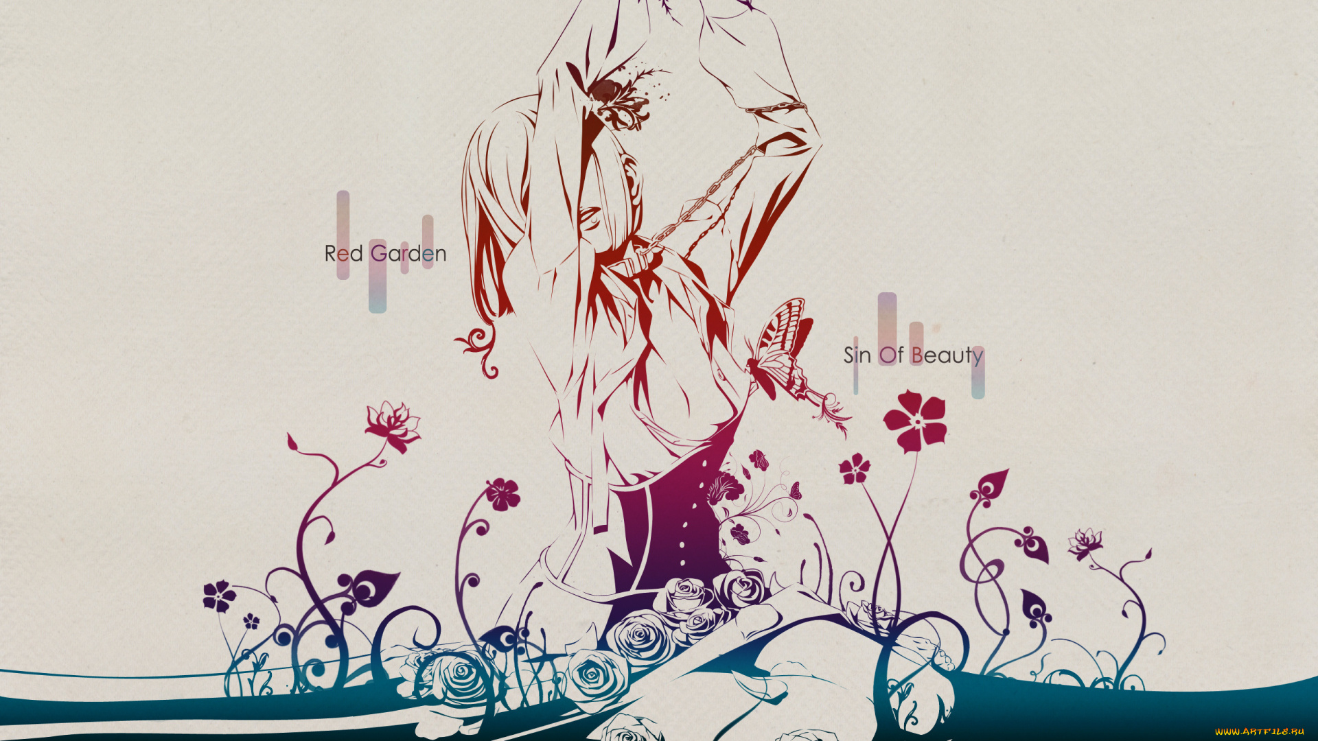 by, geminis, аниме, red, garden, цепь, девушка, бабочка, розы, ошейник, цветы, kate, ashley