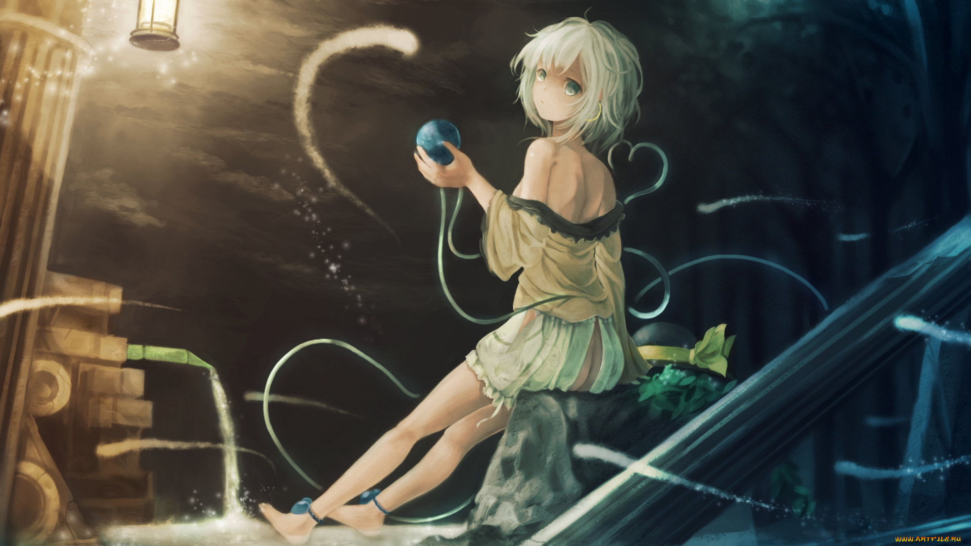 by, pupil, g, аниме, touhou, мерцание, шар, ночь, девушка, komeiji, koishi, развалины, фонарь, шляпа