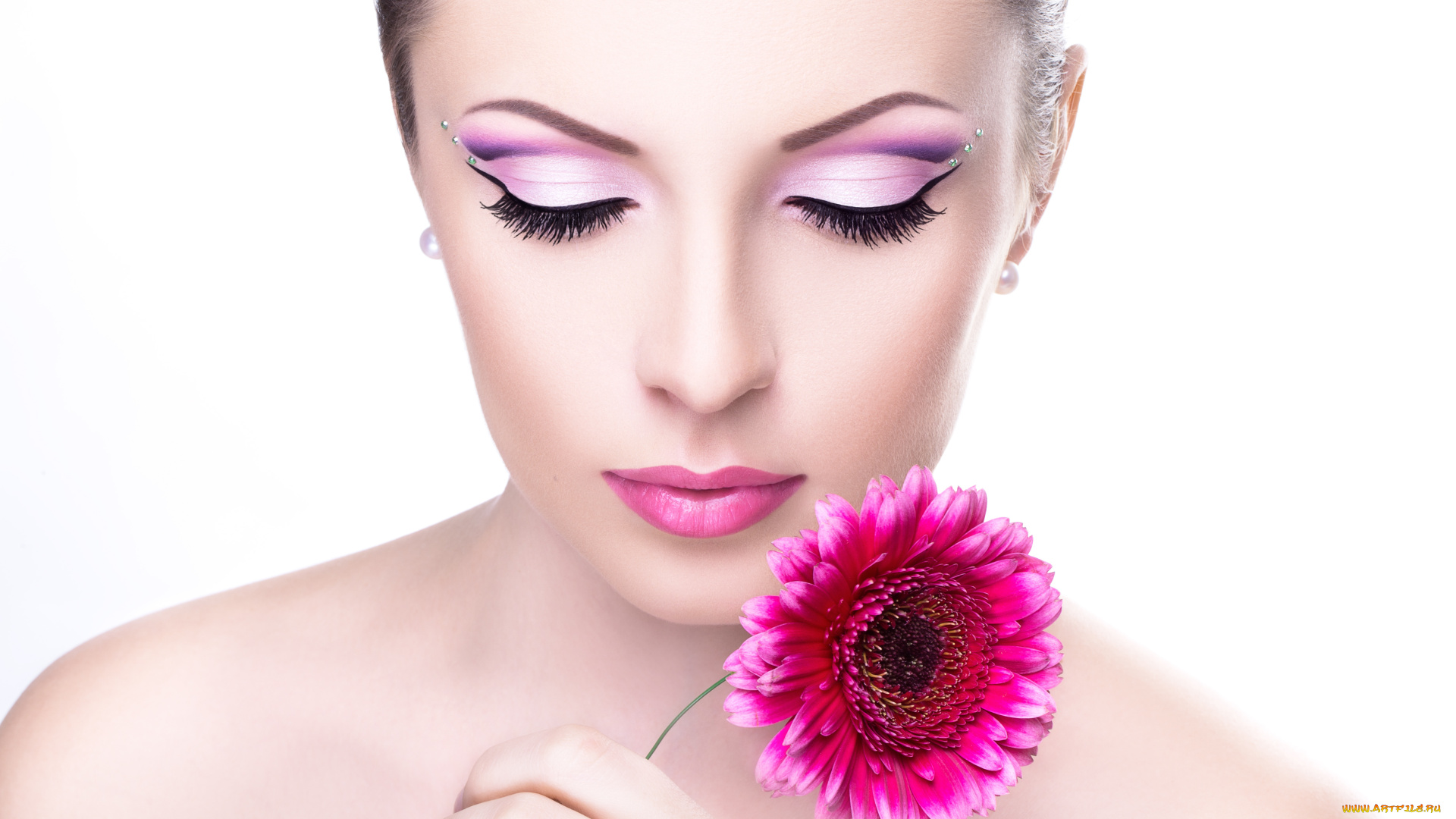 девушки, -unsort, , лица, , портреты, девушка, модель, макияж, тени, ресницы, лицо, губы, цветок, плечи, шея, фон