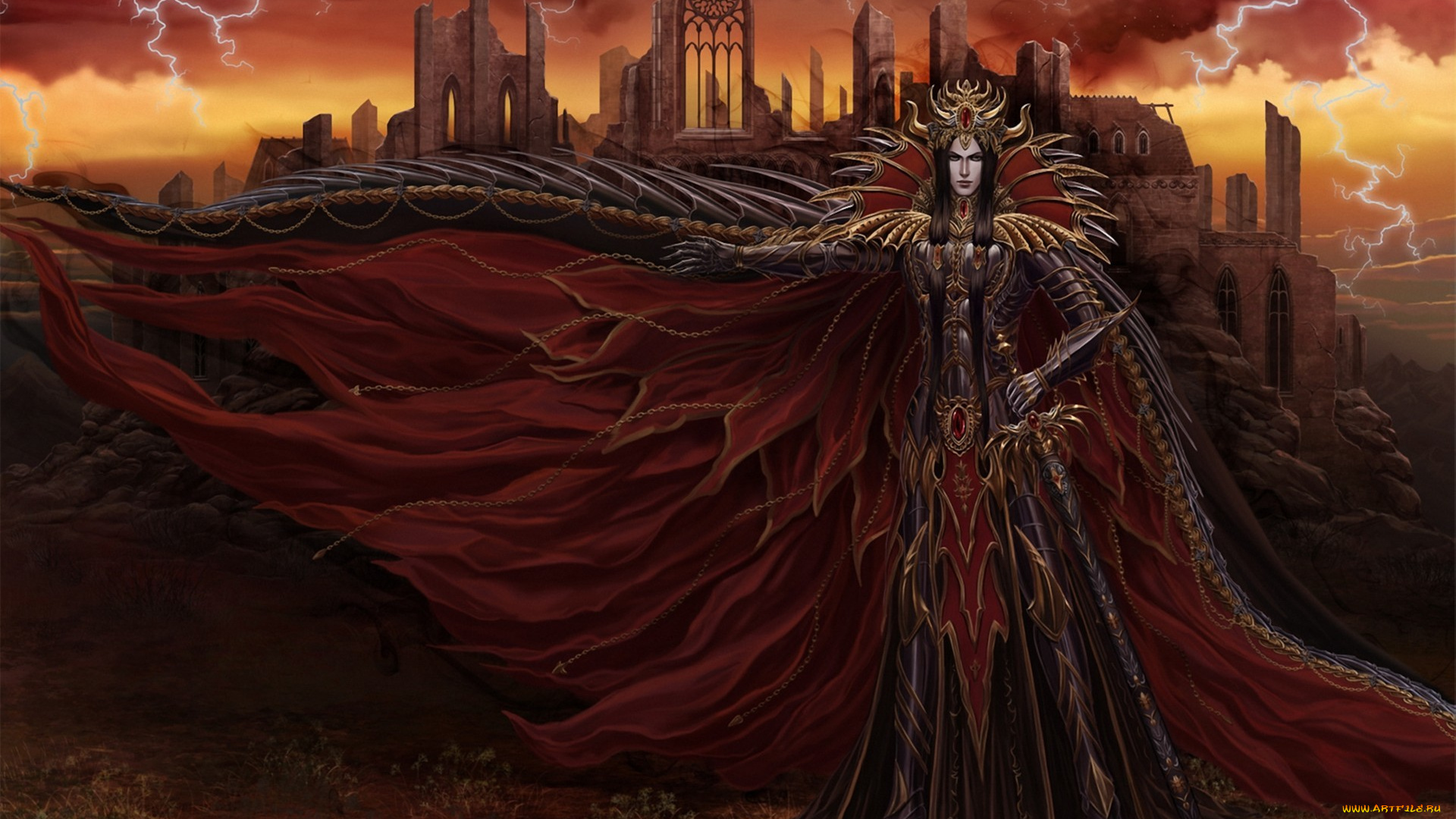 фэнтези, демоны, арт, dark, lord, парень, плащ, броня, меч, молнии, руины