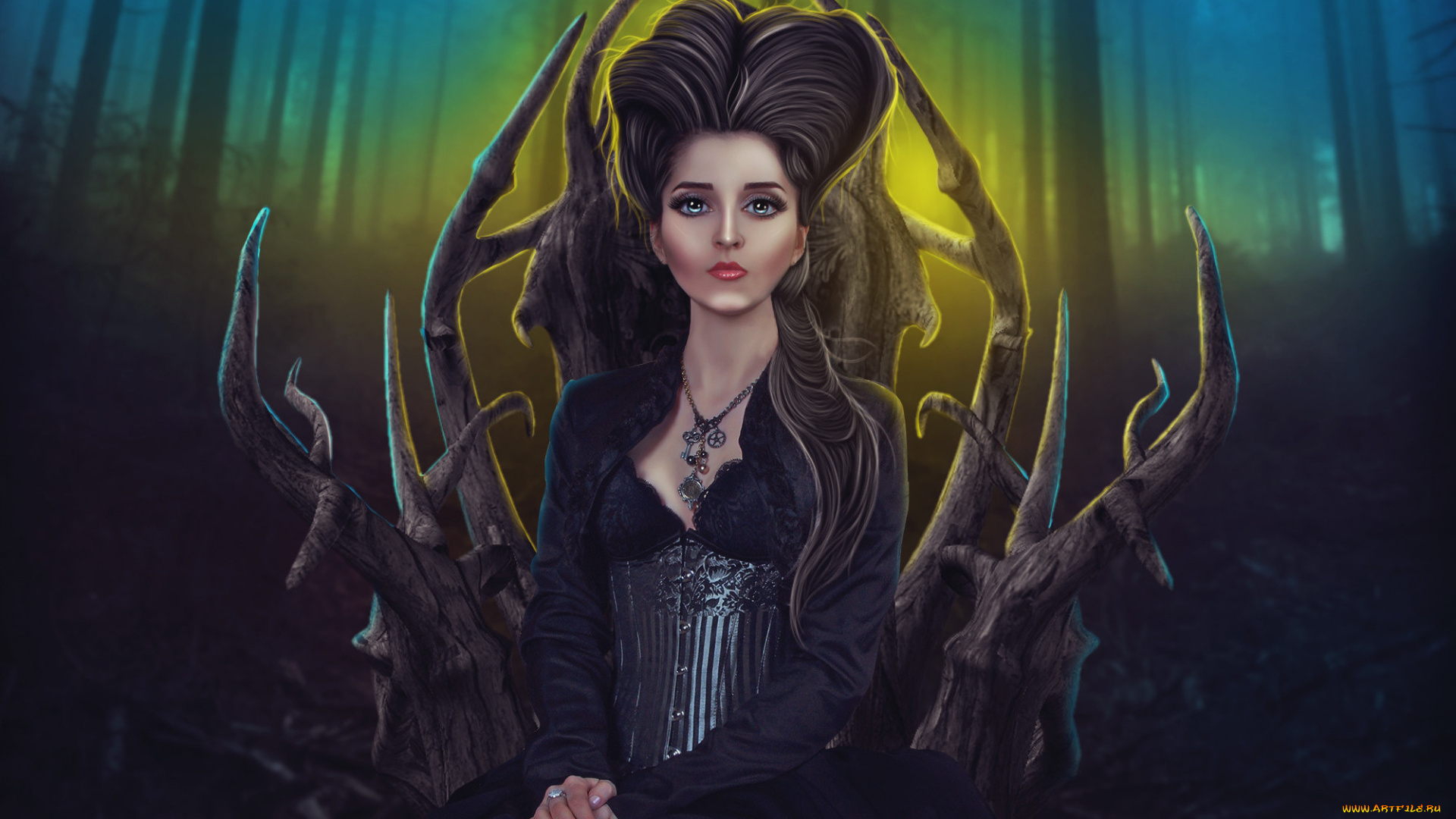 фэнтези, девушки, лес, платье, сидит, прическа, взгляд, девушка, арт, фантастика