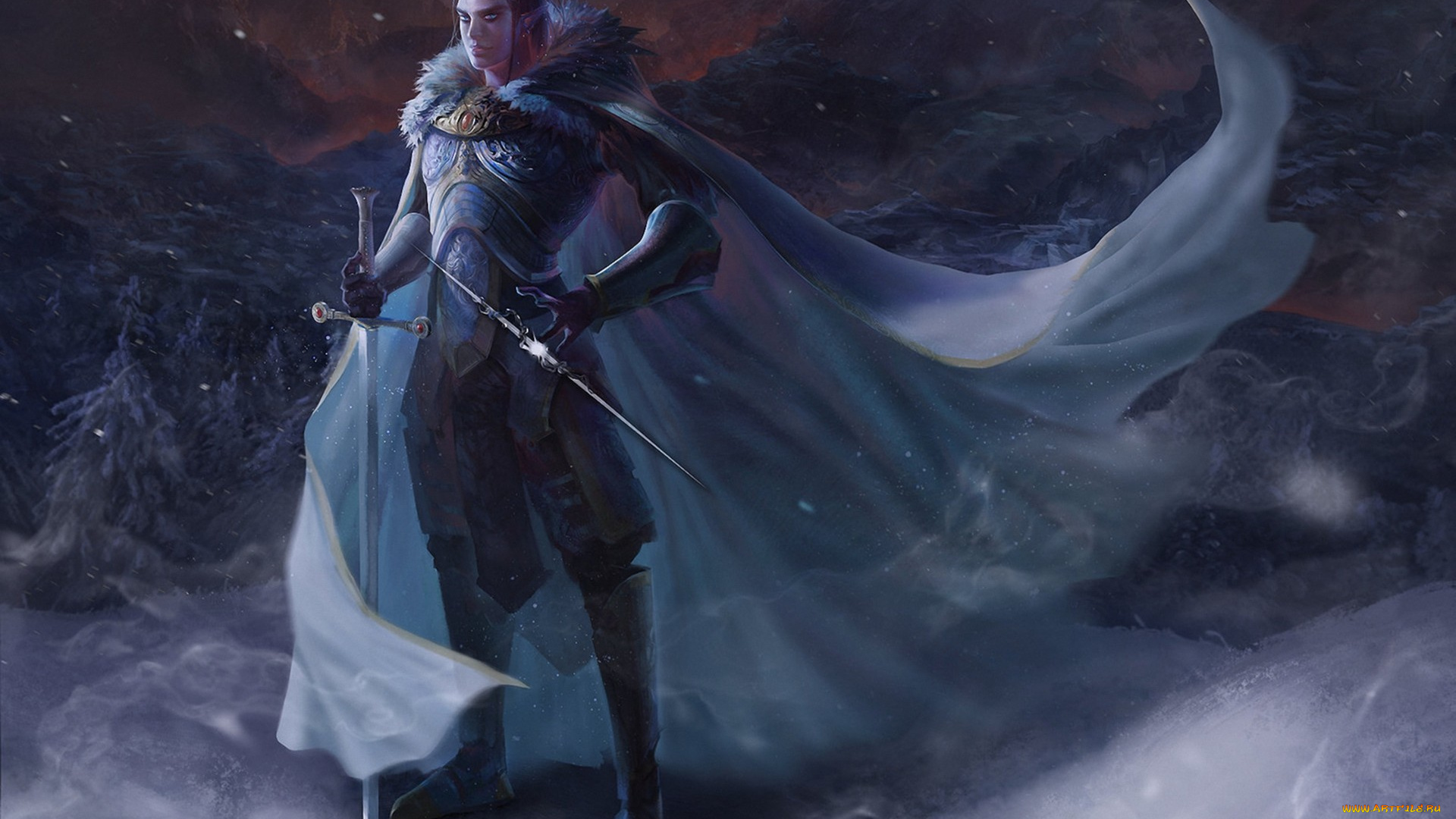 фэнтези, эльфы, арт, парень, эльф, плащ, оружие, меч, ветер