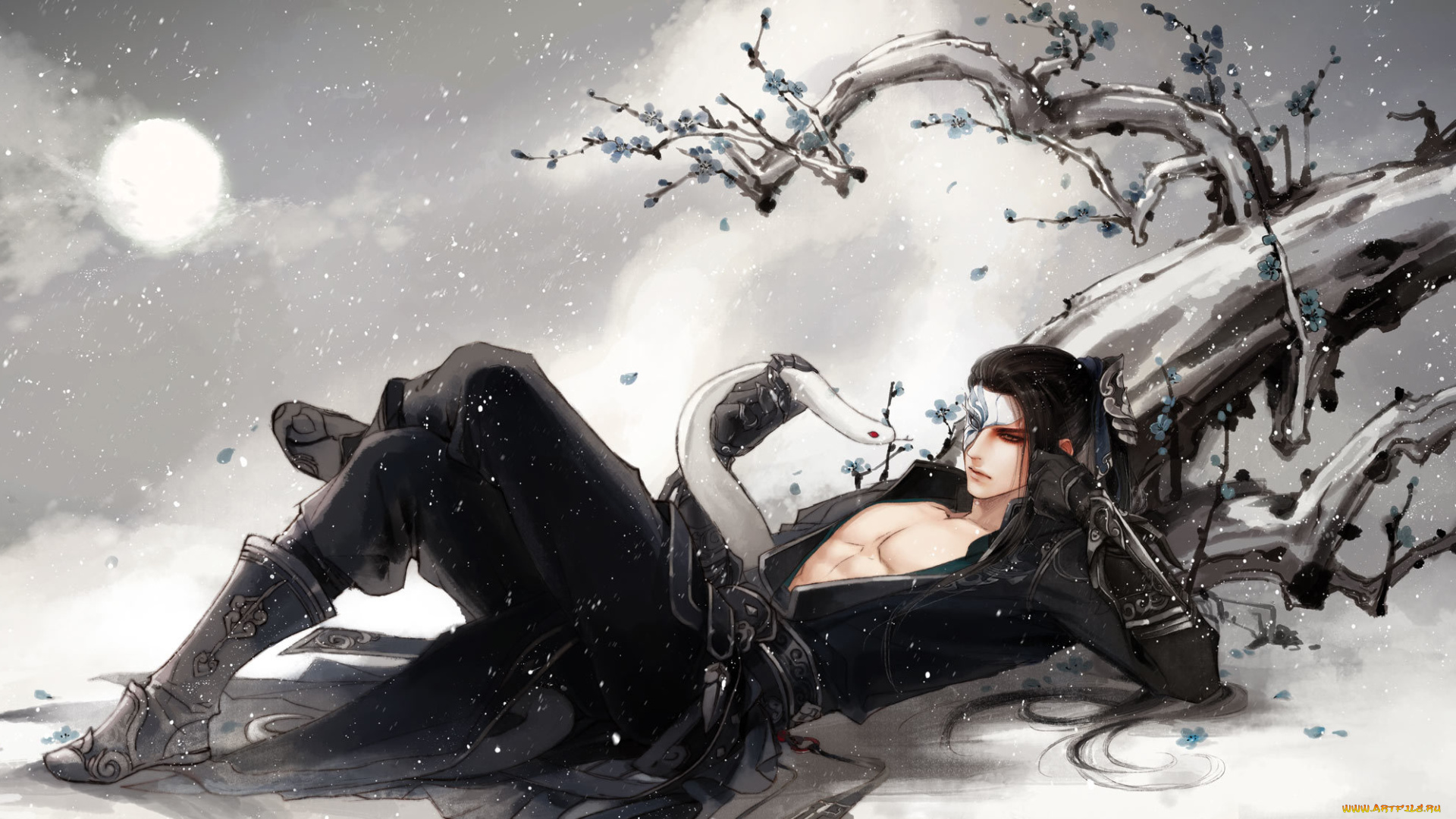 фэнтези, люди, арт, парень, лежа, змея, дерево, маска, снег