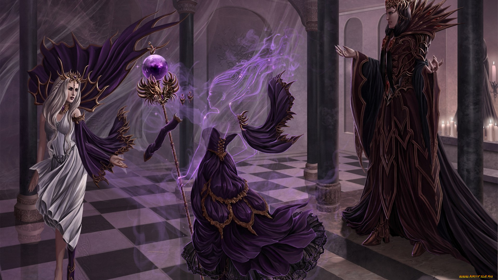 фэнтези, призраки, замок, девушка, дух, платье, парень, посох, колонны