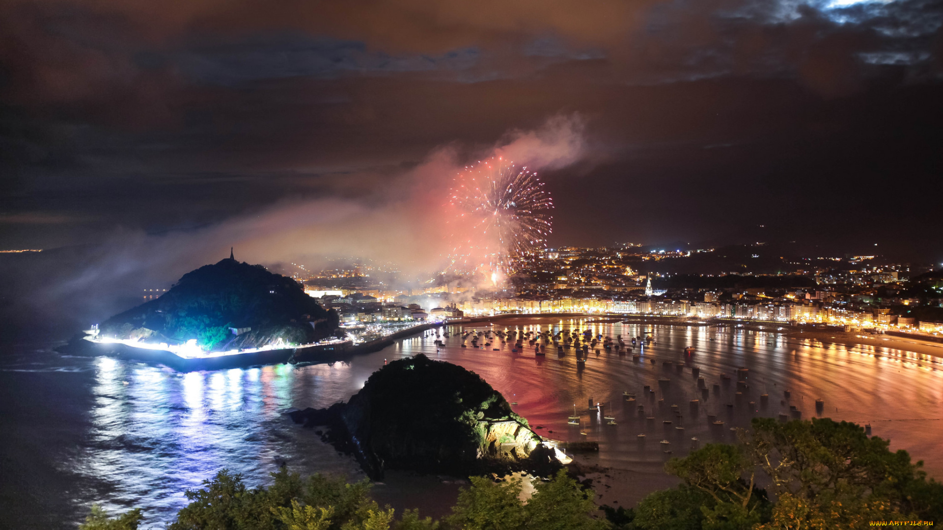 города, -, огни, ночного, города, фейерверк, город, огни, ночь