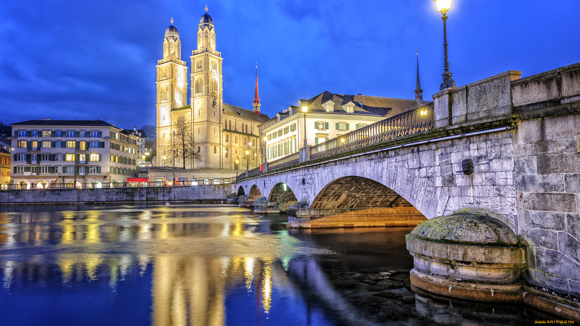 города, цюрих, , швейцария, огни, ночь, мост, река, дома, switzerland, zurich, цюрих