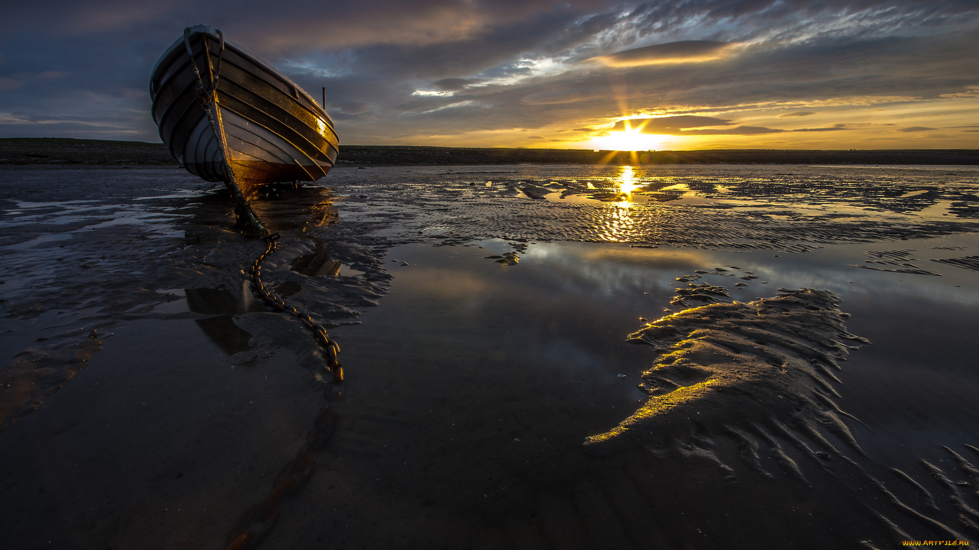 корабли, лодки, , шлюпки, океан, закат, отлив, пляж, цеть, шлюпка