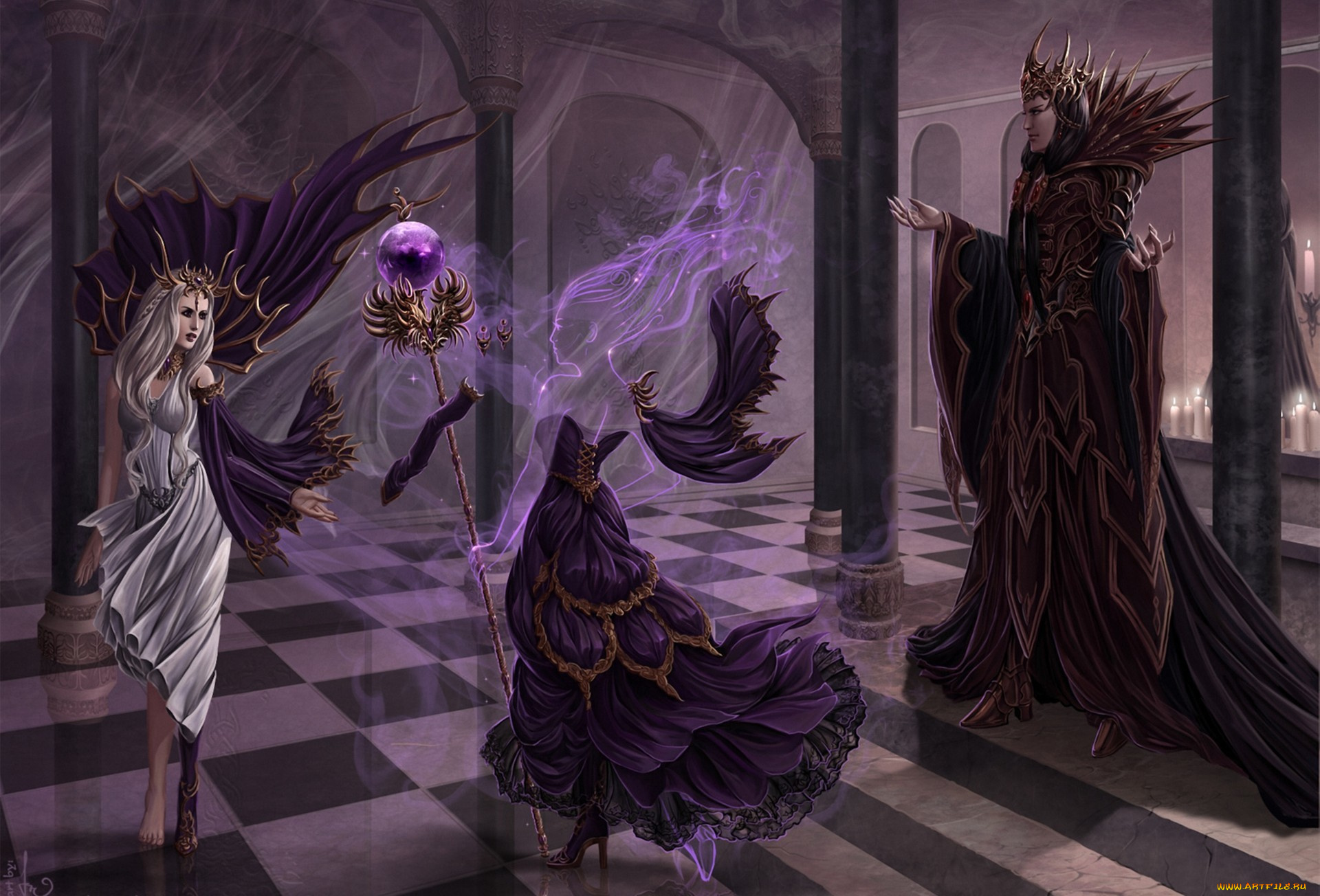 фэнтези, призраки, замок, девушка, дух, платье, парень, посох, колонны