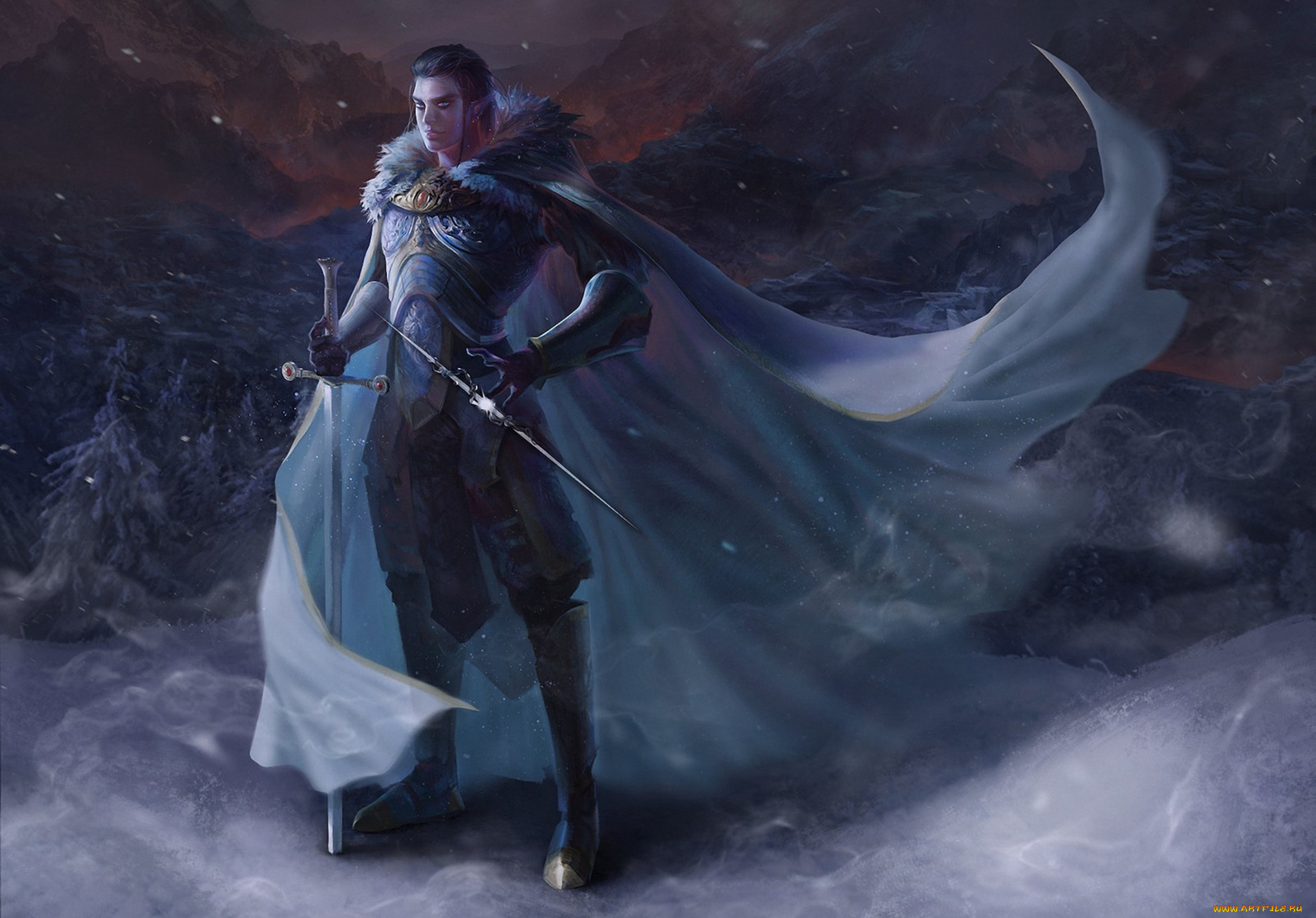 фэнтези, эльфы, арт, парень, эльф, плащ, оружие, меч, ветер